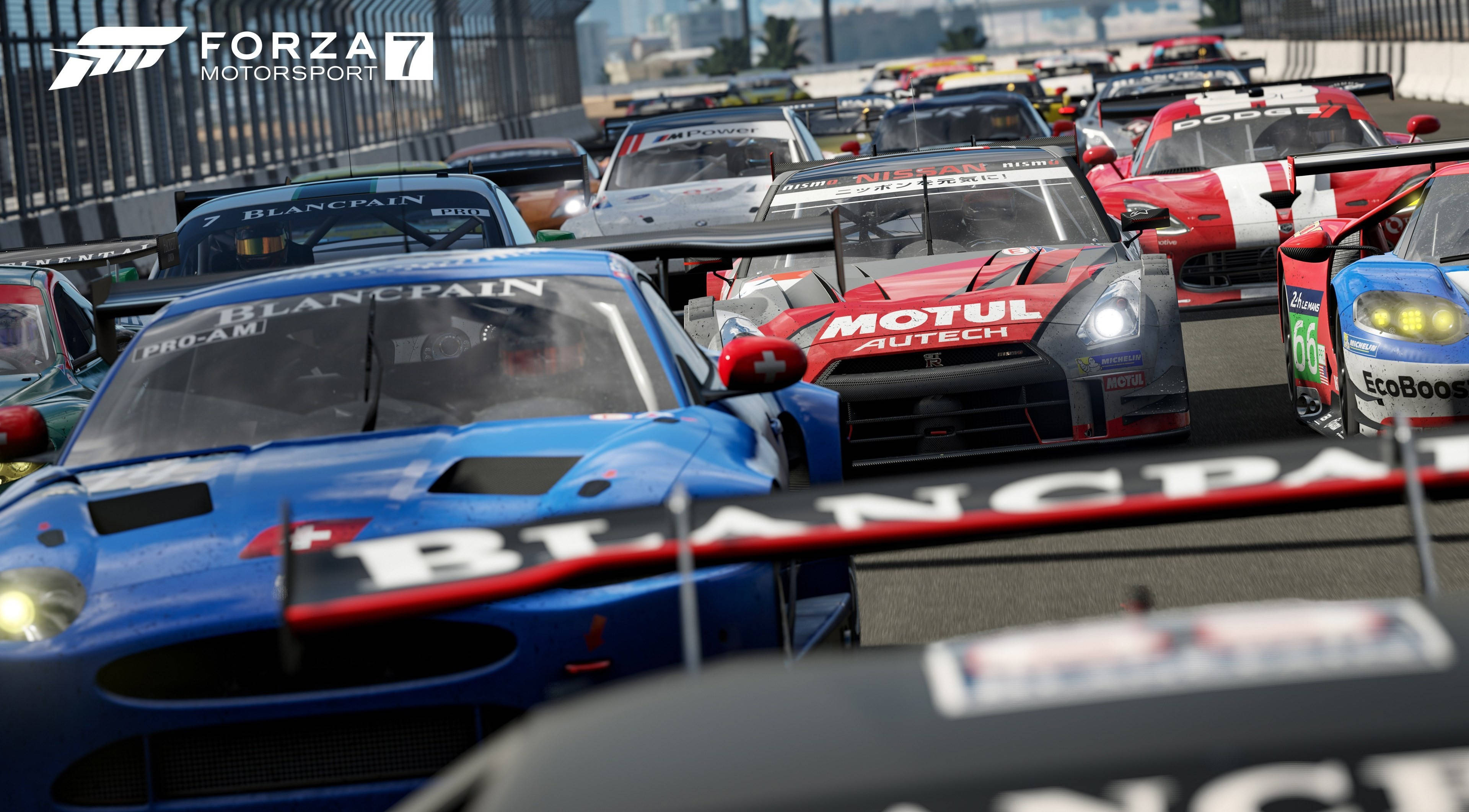 Motorsport 桌布 壁紙 — 一群色彩鮮豔的高速賽車在《Forza Motorsport 7》的陽光賽道上競逐。