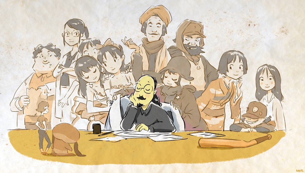 satoshi kon 桌布 壁紙 — 一群色調溫暖、風格各異的動漫角色插圖，圍繞著一張放有文件和棒球棍的桌子。