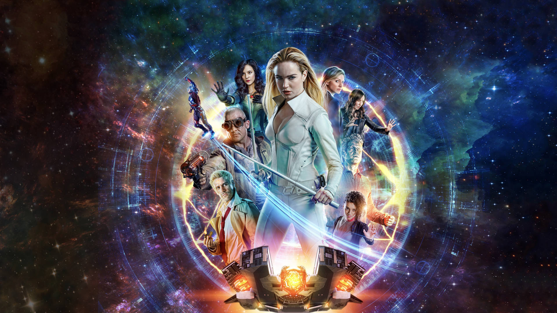 Legends 桌布 壁紙 — 一群英雄站在發光的宇宙圓圈中，背景是充滿活力的星雲，手持未來武器。
