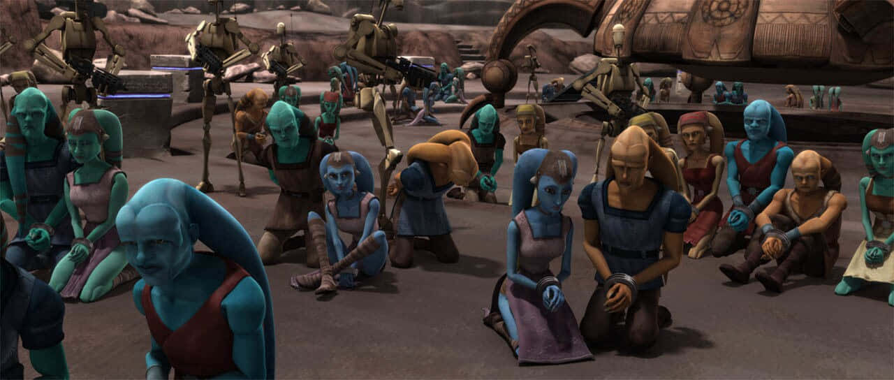 Twi'lek 桌布 壁紙 — 一群藍皮膚外星人跪在沙漠景觀中，背景有戰鬥機器人和一艘大船。
