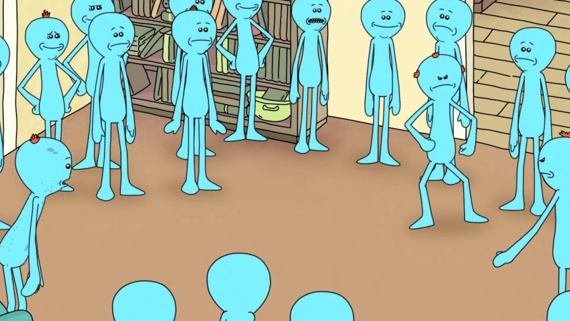 Meeseeks 桌布 壁紙 — 一群藍色卡通外星人帶著不同的表情站在一個有書架和木牆的房間裡。