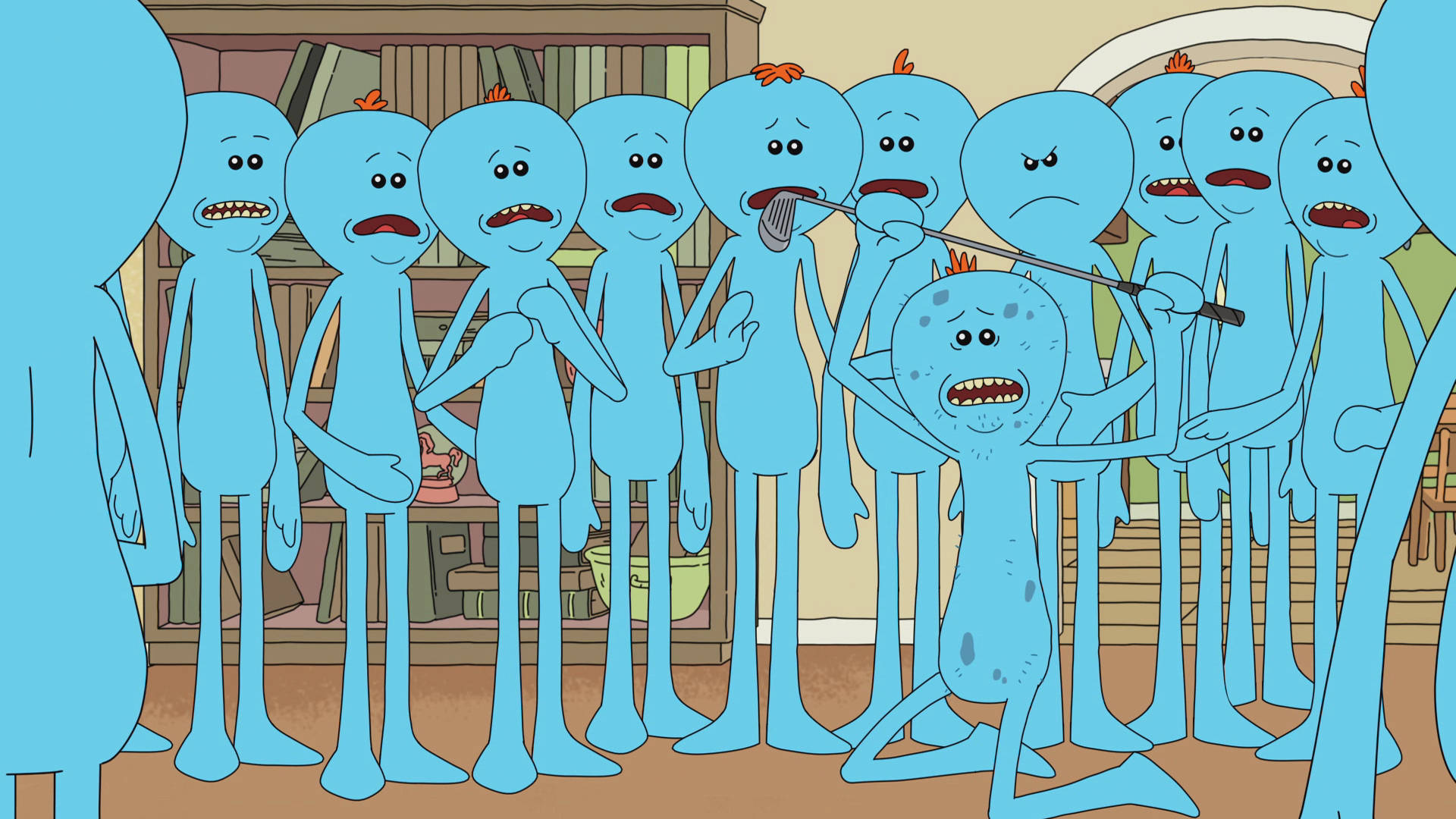 Meeseeks 桌布 壁紙 — 一群藍色卡通外星人帶著憤怒的表情聚集在一個雜亂的房間裡，其中一個被另一個用湯匙抱著。