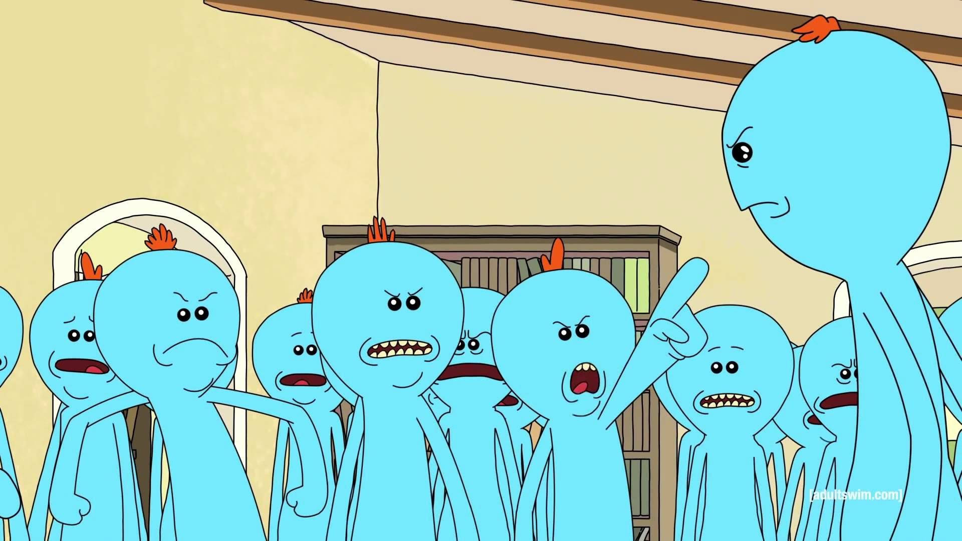 Meeseeks 桌布 壁紙 — 一群藍色卡通角色帶有憤怒表情和橙色頭髮簇，在房間裡對峙一個更大的藍色角色。