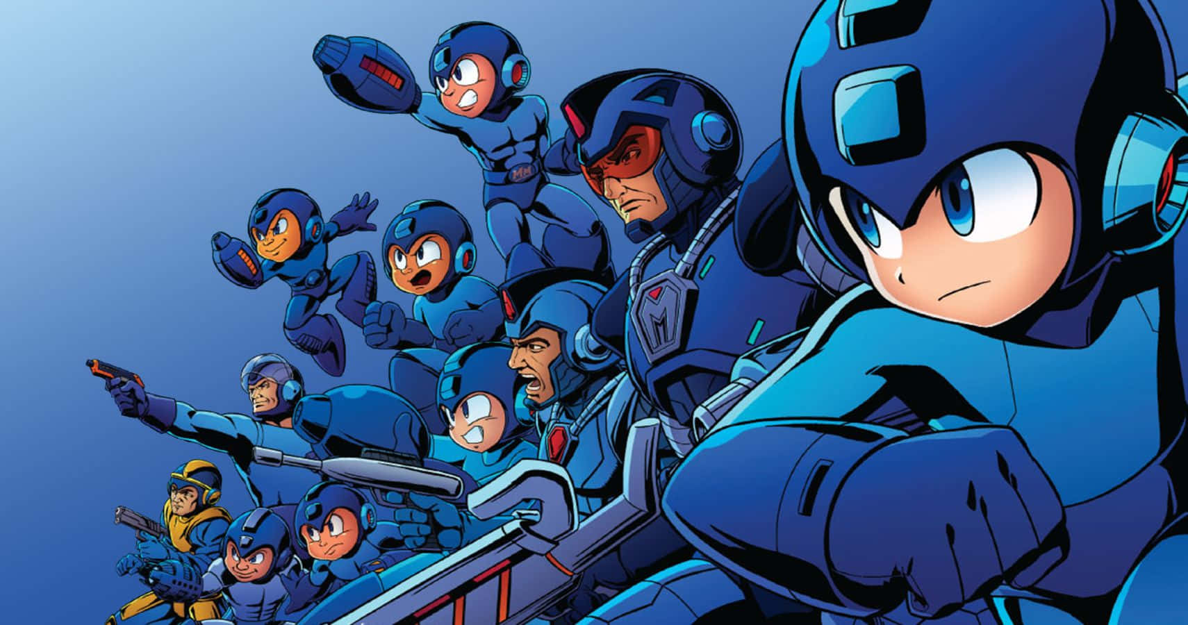 Megaman 桌布 壁紙 — 一群藍色裝甲機器人英雄在漸變藍色背景前擺出動感姿勢的動漫群像。