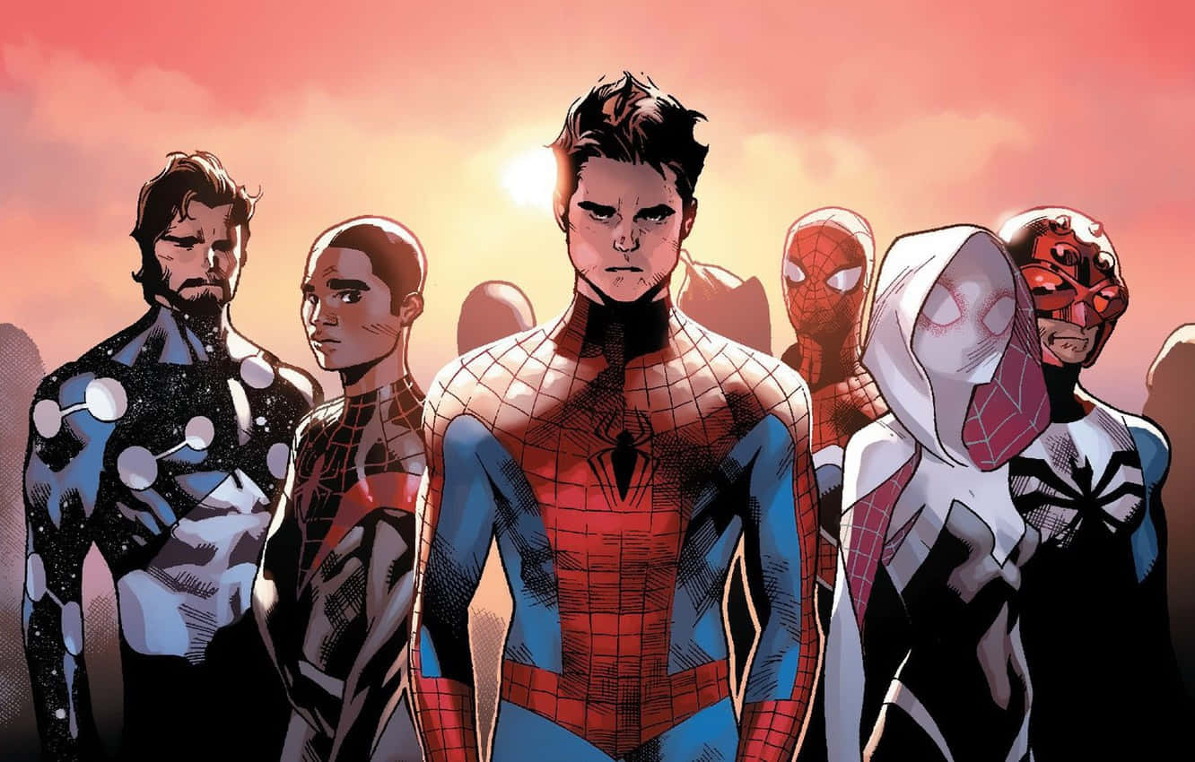 Gwen Stacy 桌布 壁紙 — 一群蜘蛛人變體在閃耀的日落天空下以英雄姿態排成一列。