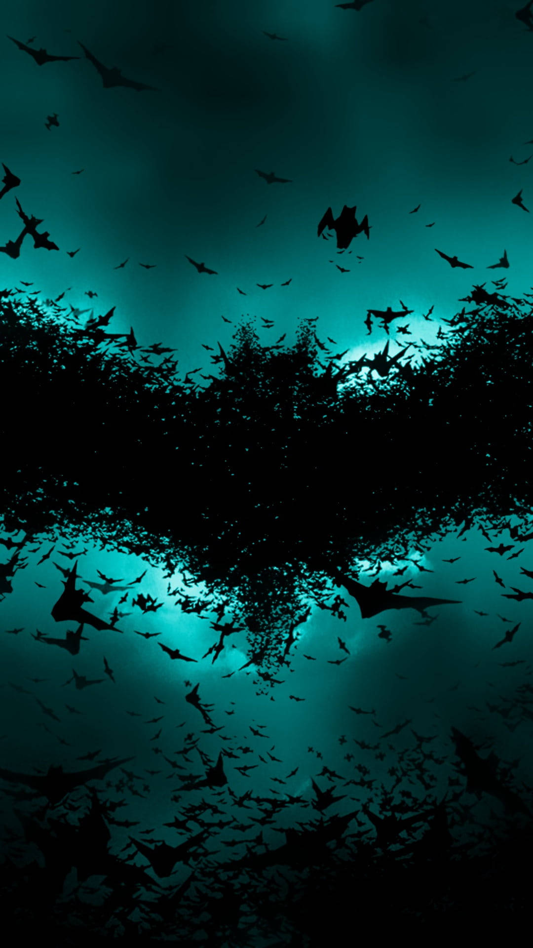 Batman Logo 桌布 壁紙 — 一群蝙蝠在發光的青綠色天空背景下形成剪影，在空中飛翔時構成蝙蝠俠標誌。
