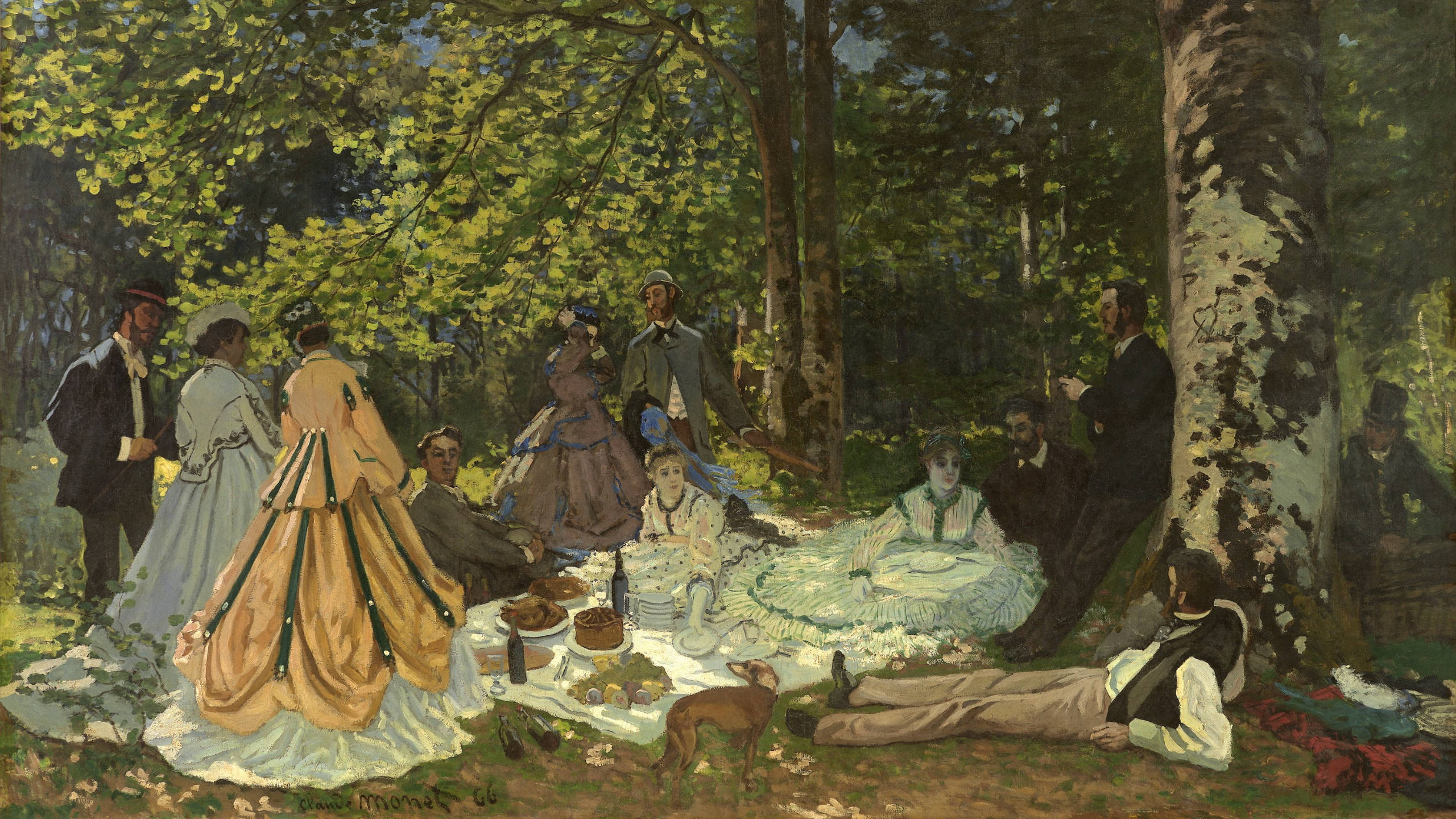 Monet 桌布 壁紙 — 一群衣著優雅的人們在茂密的綠色森林中，享受著斑駁陽光下的野餐。