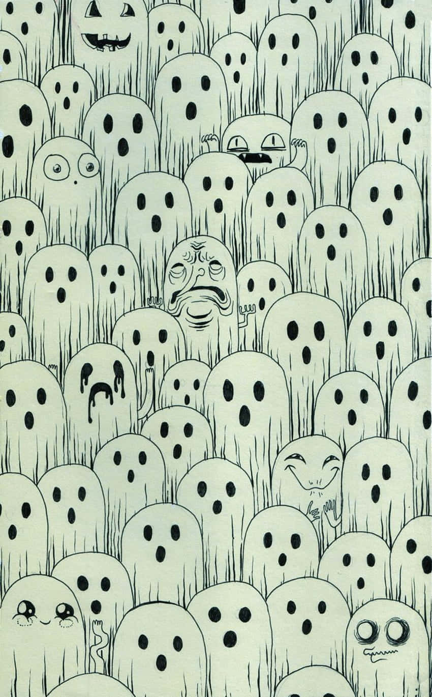 Cute Ghost 桌布 壁紙 — 一群表情各異的卡通幽靈從高草叢中湧現，營造出既恐怖又異想天開的插圖。