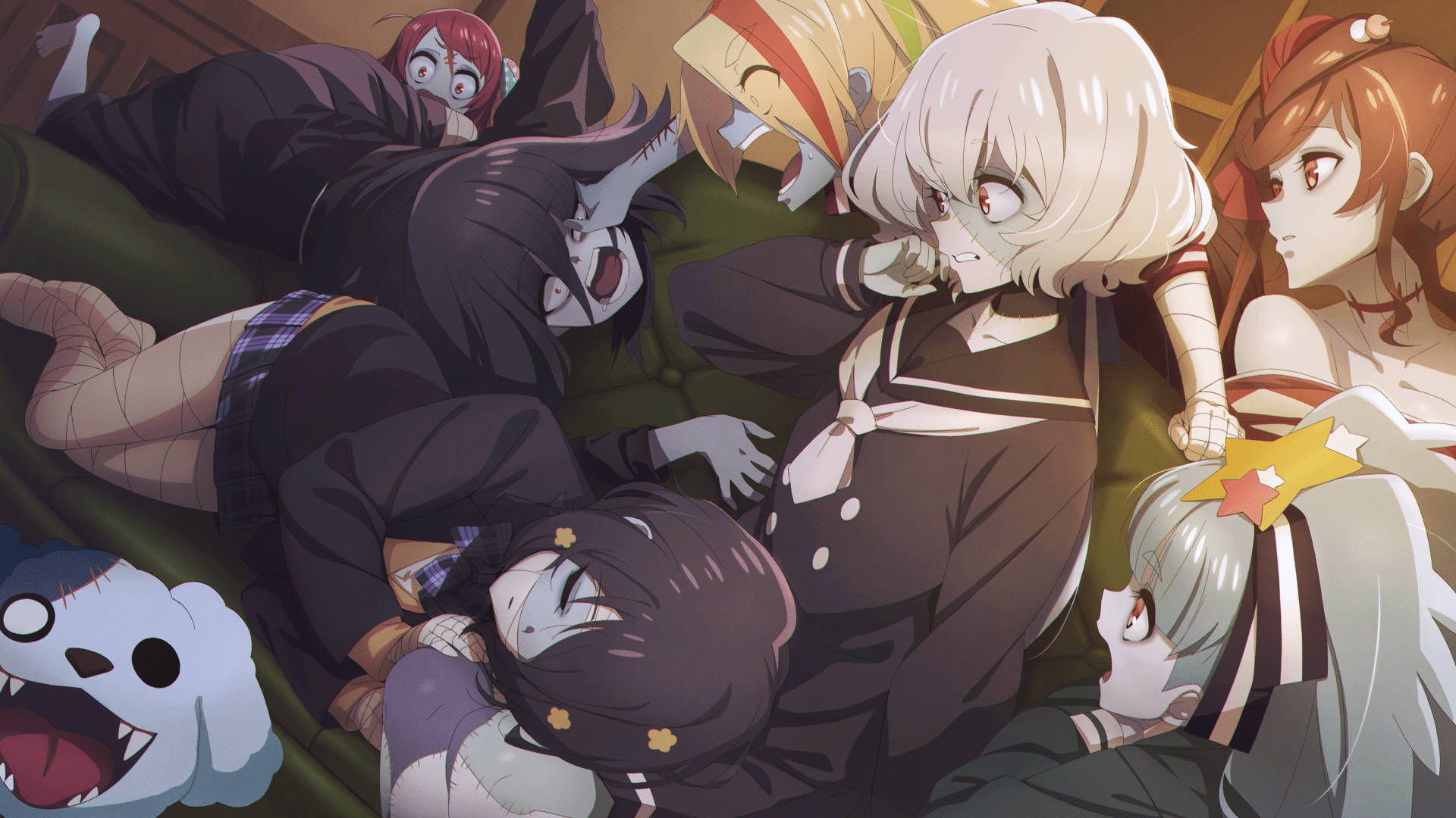 zombie land saga 桌布 壁紙 — 一群表情和服裝各異的動漫角色，一起在綠色表面上閒逛。