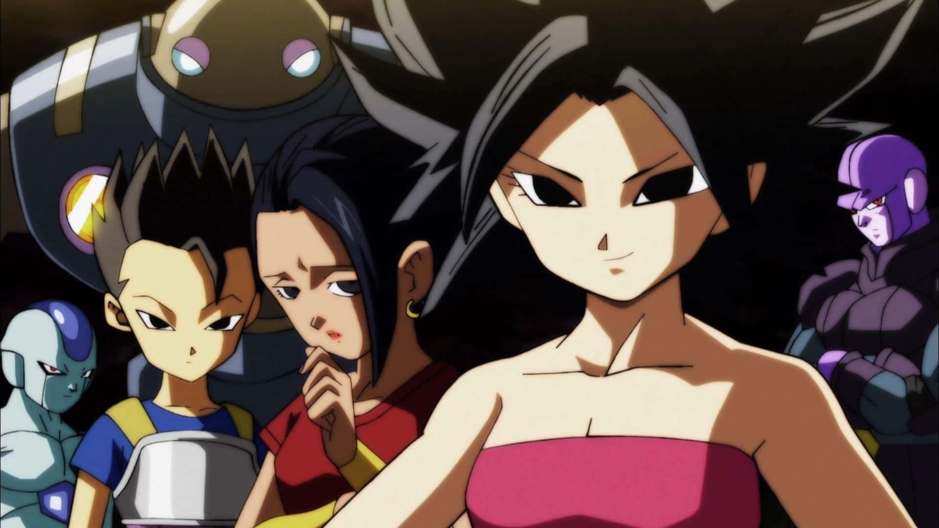 Dragon Ball Super Universe 6 桌布 壁紙 — 一群表情強烈的動漫角色站在黑暗場景中，有一位身穿粉紅色上衣的女性和機器人形象。