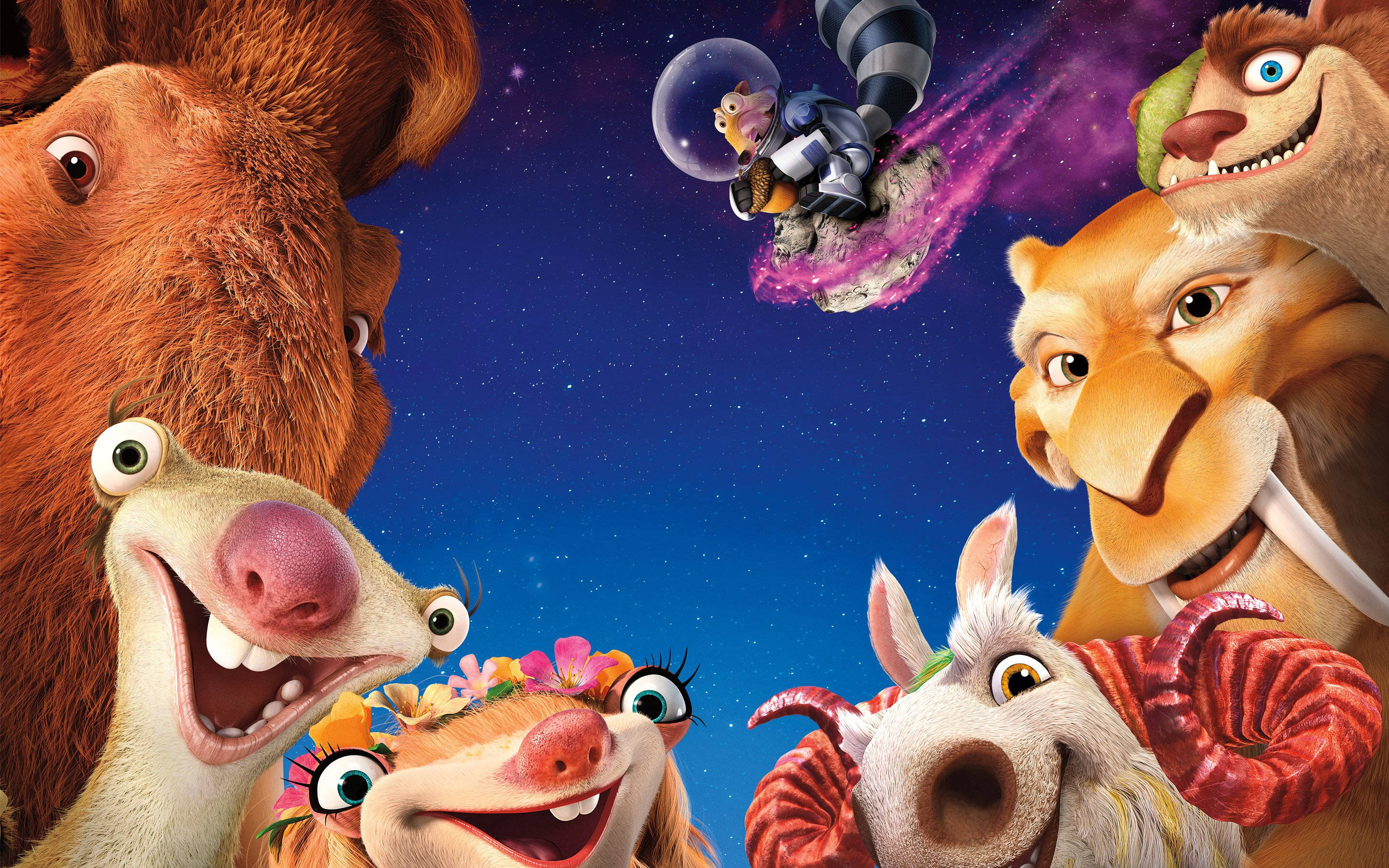 Animated 桌布 壁紙 — 一群表情歡樂的動畫動物朋友仰望一位騎著彗星穿越星夜的小太空人。