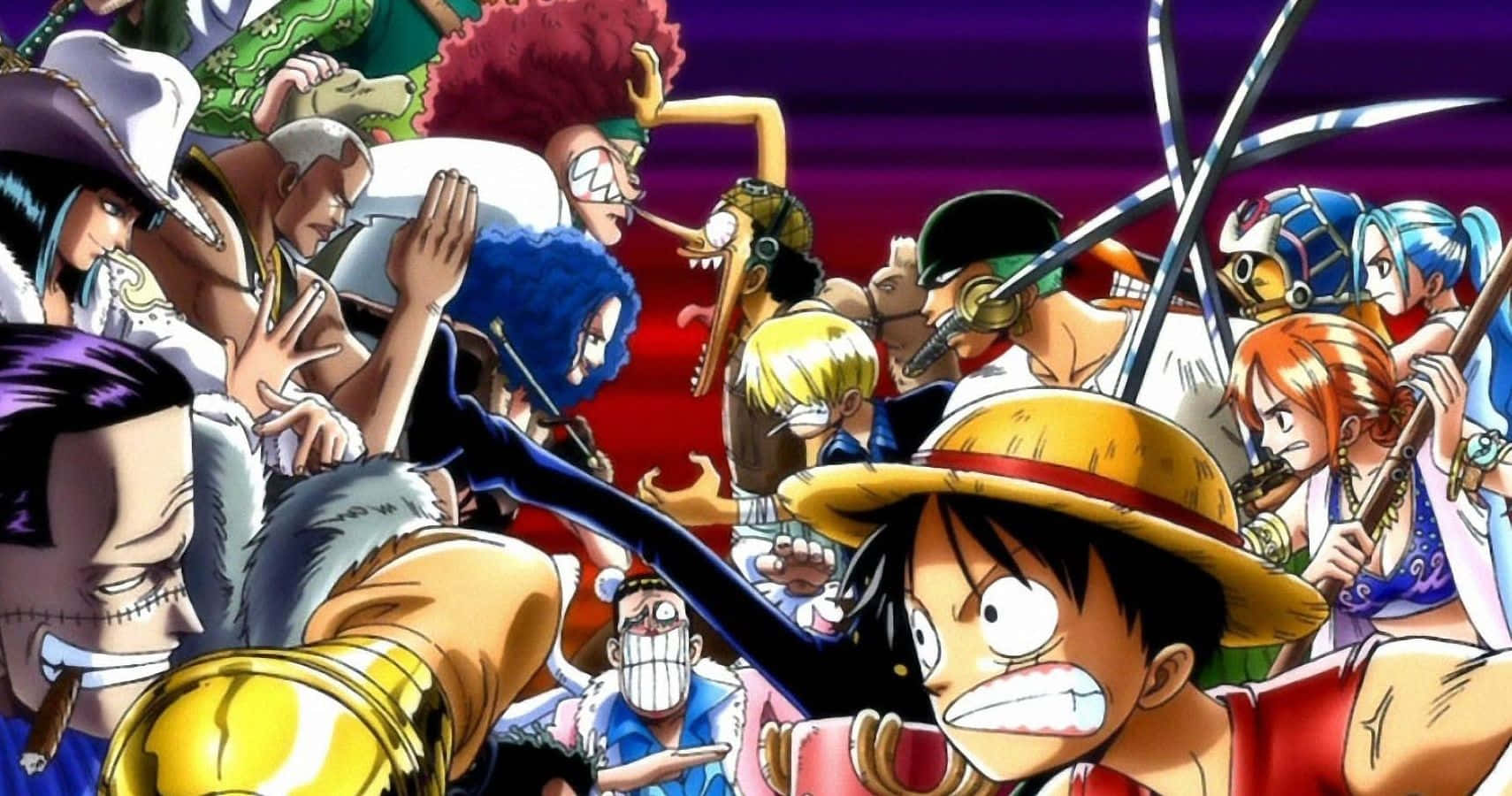 Alabasta 桌布 壁紙 — 一群表情豐富、穿著色彩繽紛服裝的動漫海盜以戲劇性的姿勢聚集在一起，充滿動感。