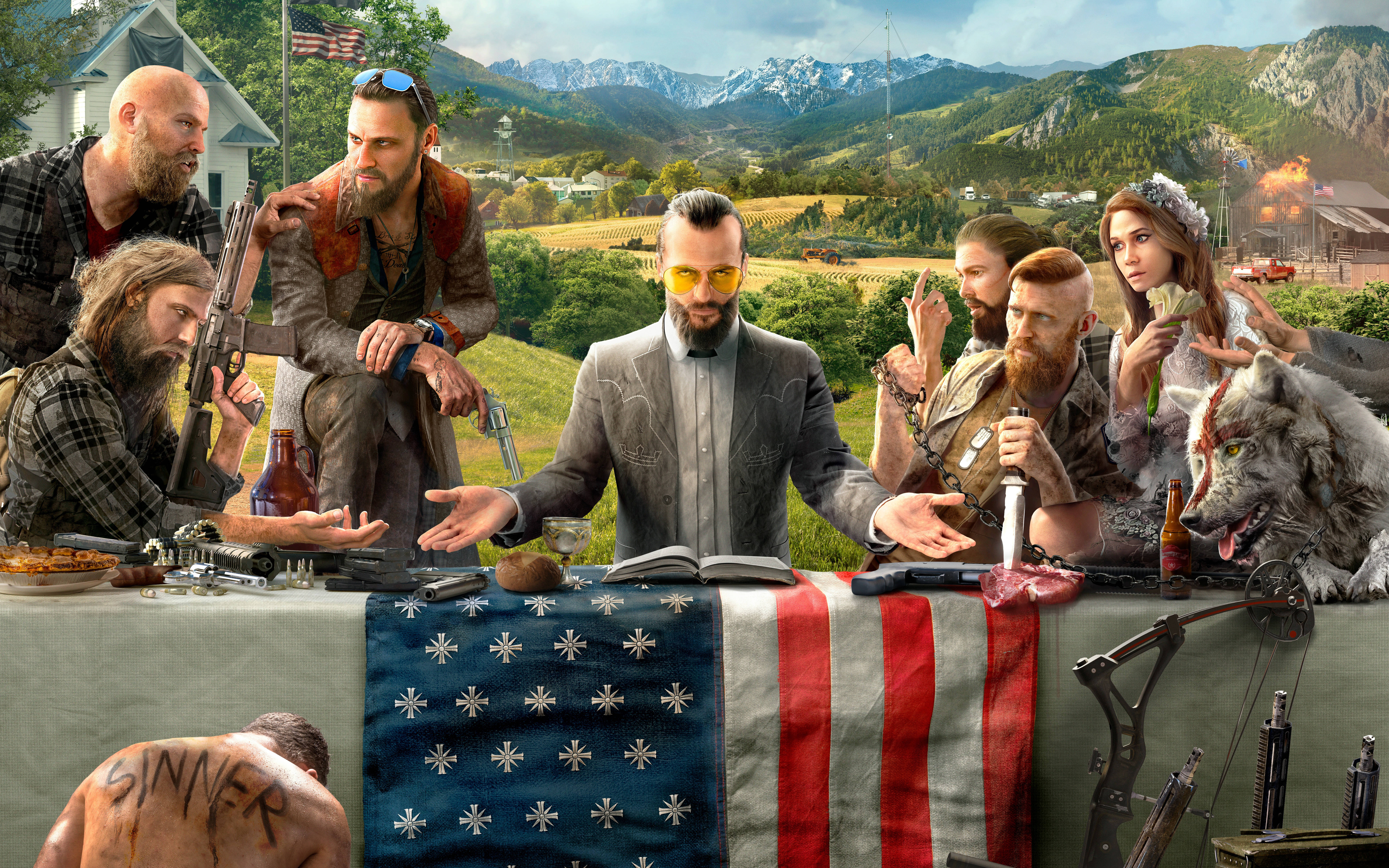 Far Cry 5 桌布 壁紙 — 一群裝備武器的粗獷倖存者與一頭狼，在一個山區鄉村環境中，聚集在一張鋪有美國國旗的桌子周圍。