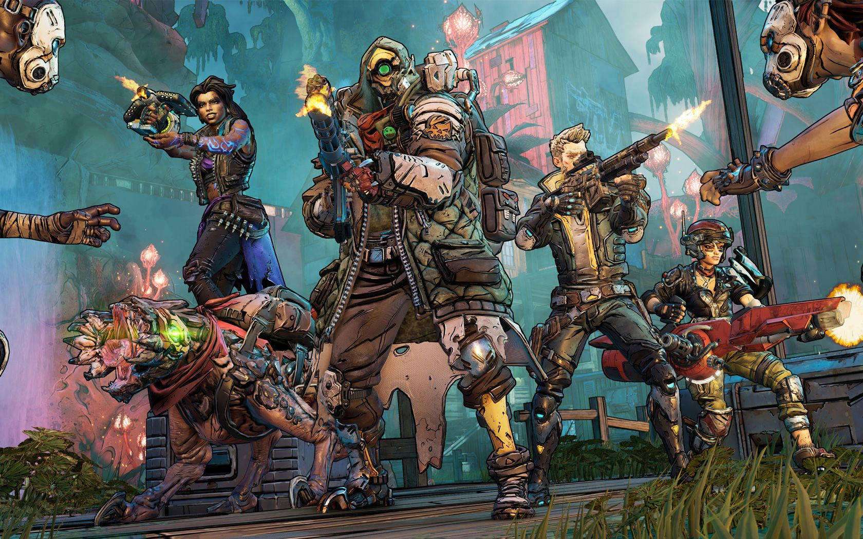 Borderlands 3 桌布 壁紙 — 一群裝甲傭兵在混亂、霓虹燈照亮的城市戰場上開火，伴隨發光效果和碎片。