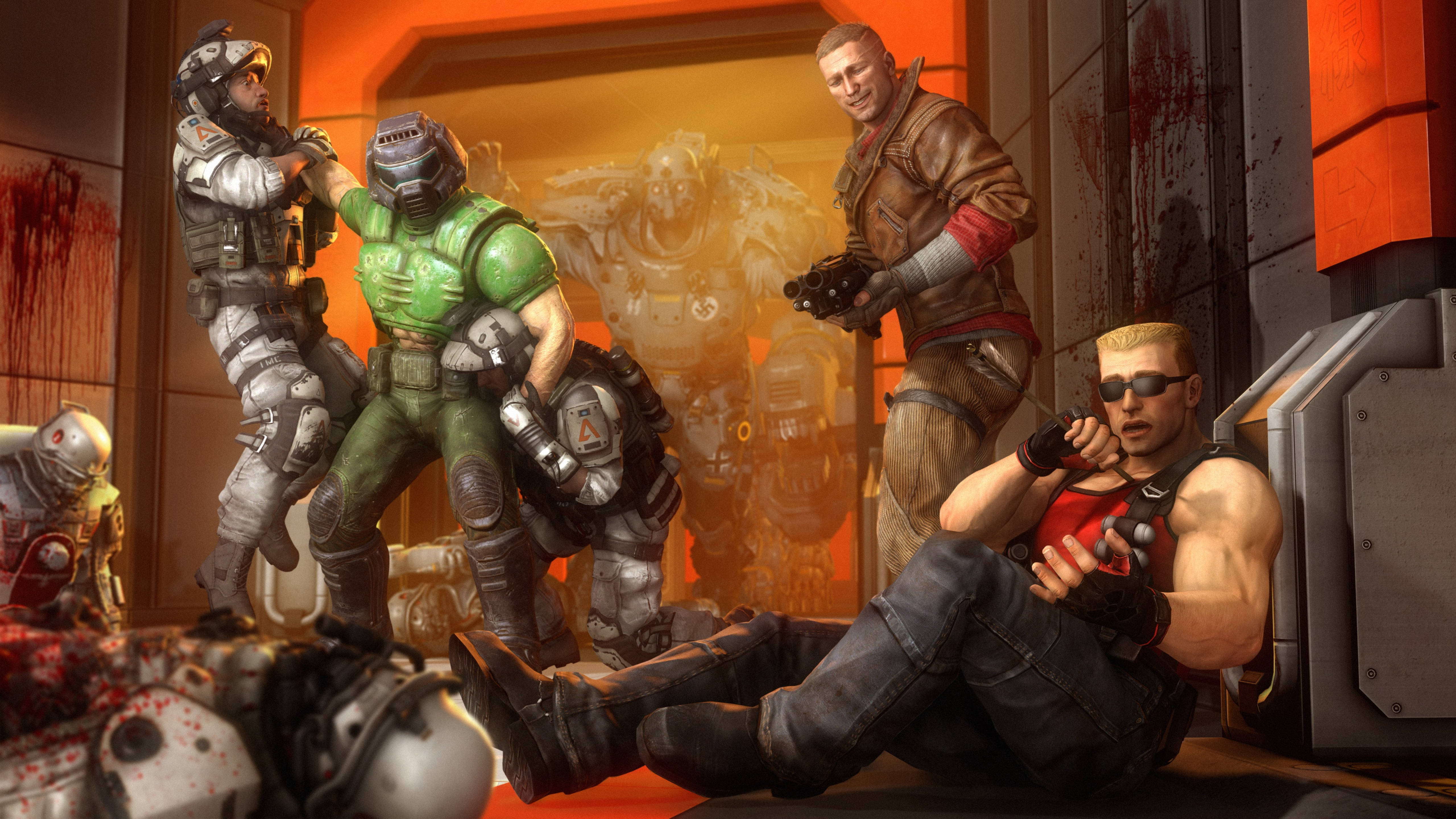 Doomguy 桌布 壁紙 — 一群裝甲士兵和一個戴太陽眼鏡的肌肉男在血跡斑斑的未來走廊中面對迫近的敵人。