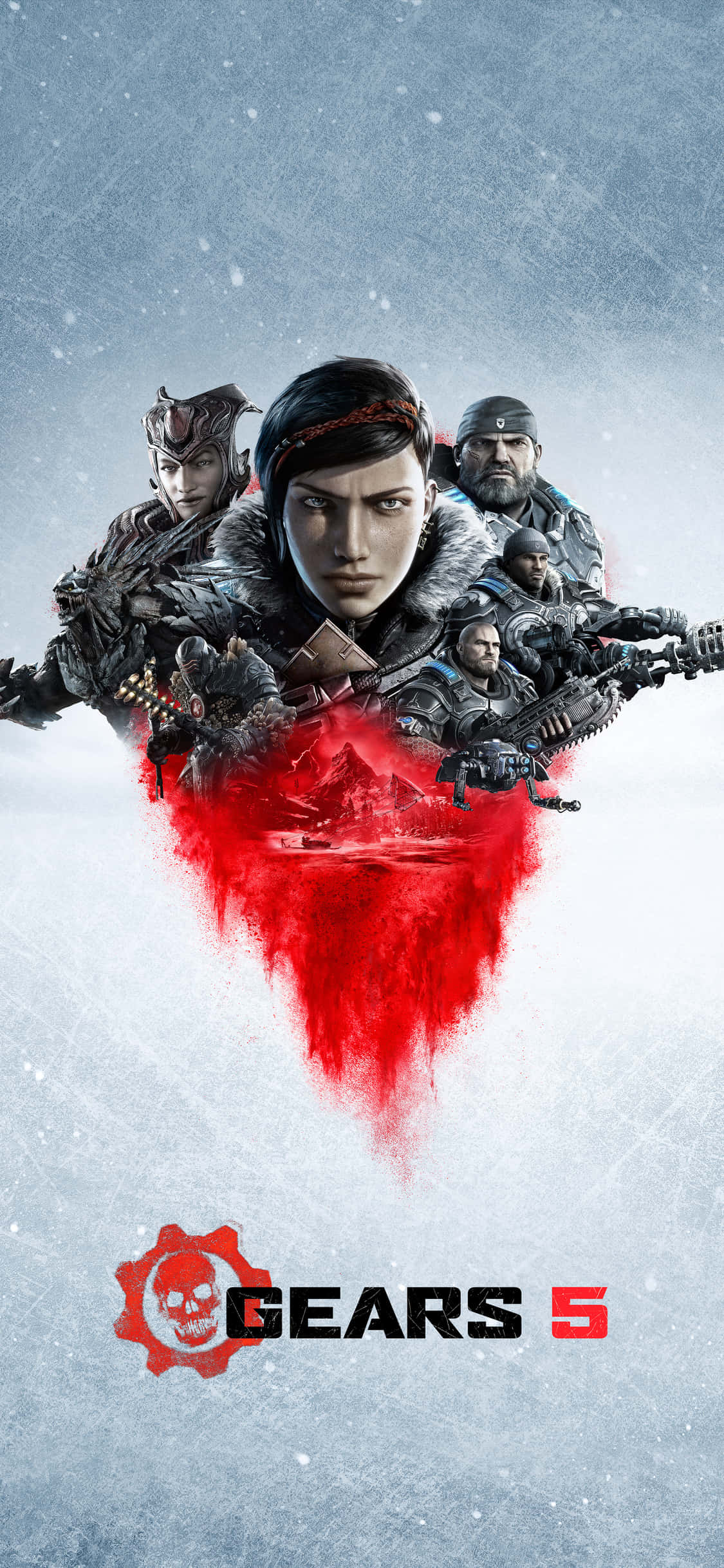 Android Gears Of War 5 桌布 壁紙 — 一群裝甲戰士從紅色飛濺中出現，背景是雪地，下方有 Gears 5 標誌。