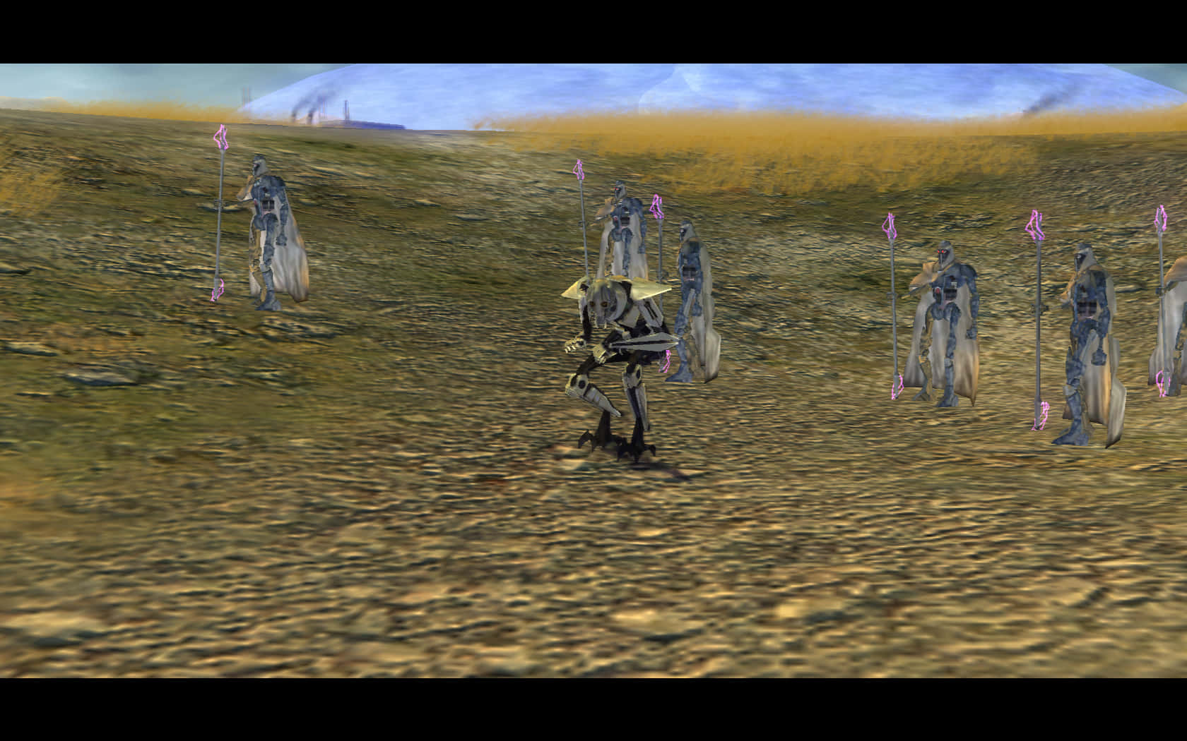 Droid Army 桌布 壁紙 — 一群裝甲機械戰士手持發光的粉紅色長矛，在陰天下一片荒蕪的黃色田野上列隊。