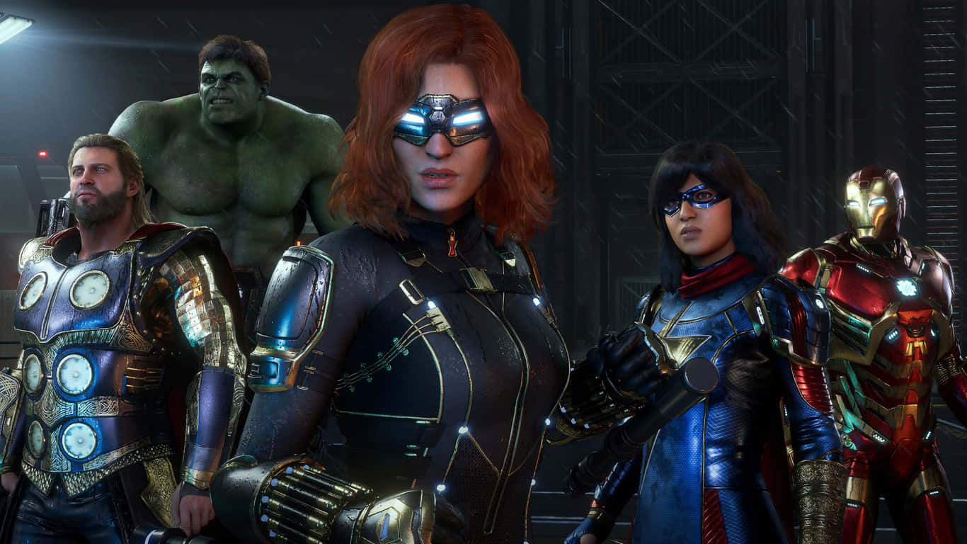 1366x768 Marvel's Avengers 桌布 壁紙 — 一群超級英雄，包括索爾、浩克、黑寡婦和鋼鐵人，一起站在一個黑暗的高科技設施中。