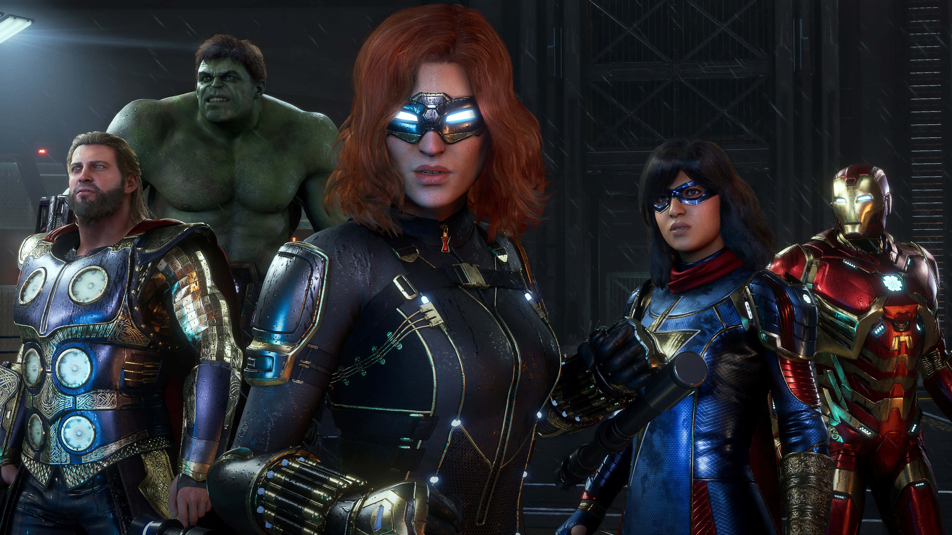 4K Marvel's Avengers 桌布 壁紙 — 一群超級英雄，包括黑寡婦、索爾、浩克和鋼鐵人，在戲劇性燈光下站在黑暗的工業環境中。