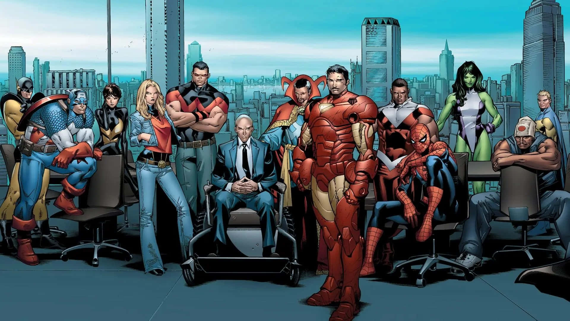 Super Team 桌布 壁紙 — 一群超級英雄和反派在現代辦公室中自信地擺姿勢，身後是城市天際線。