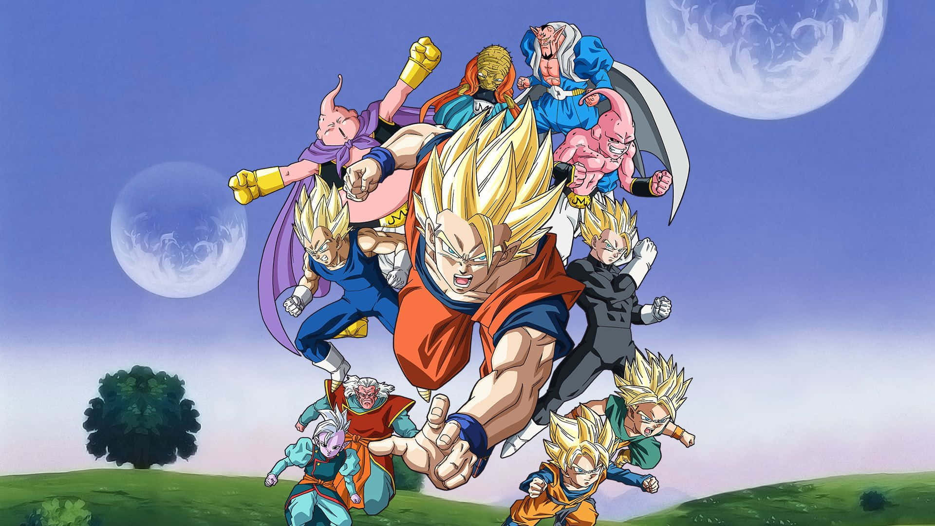 Dragon Ball Z Kai 桌布 壁紙 — 一群超級賽亞人形態的七龍珠角色在黃昏天空下，有兩個月亮的草地上方動態飛翔。