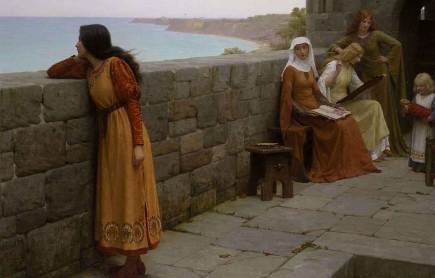 Romanticism 桌布 壁紙 — 一群身穿中世紀長袍的女子聚集在石城堡牆上，俯瞰陰天下一片寧靜的海岸灣。