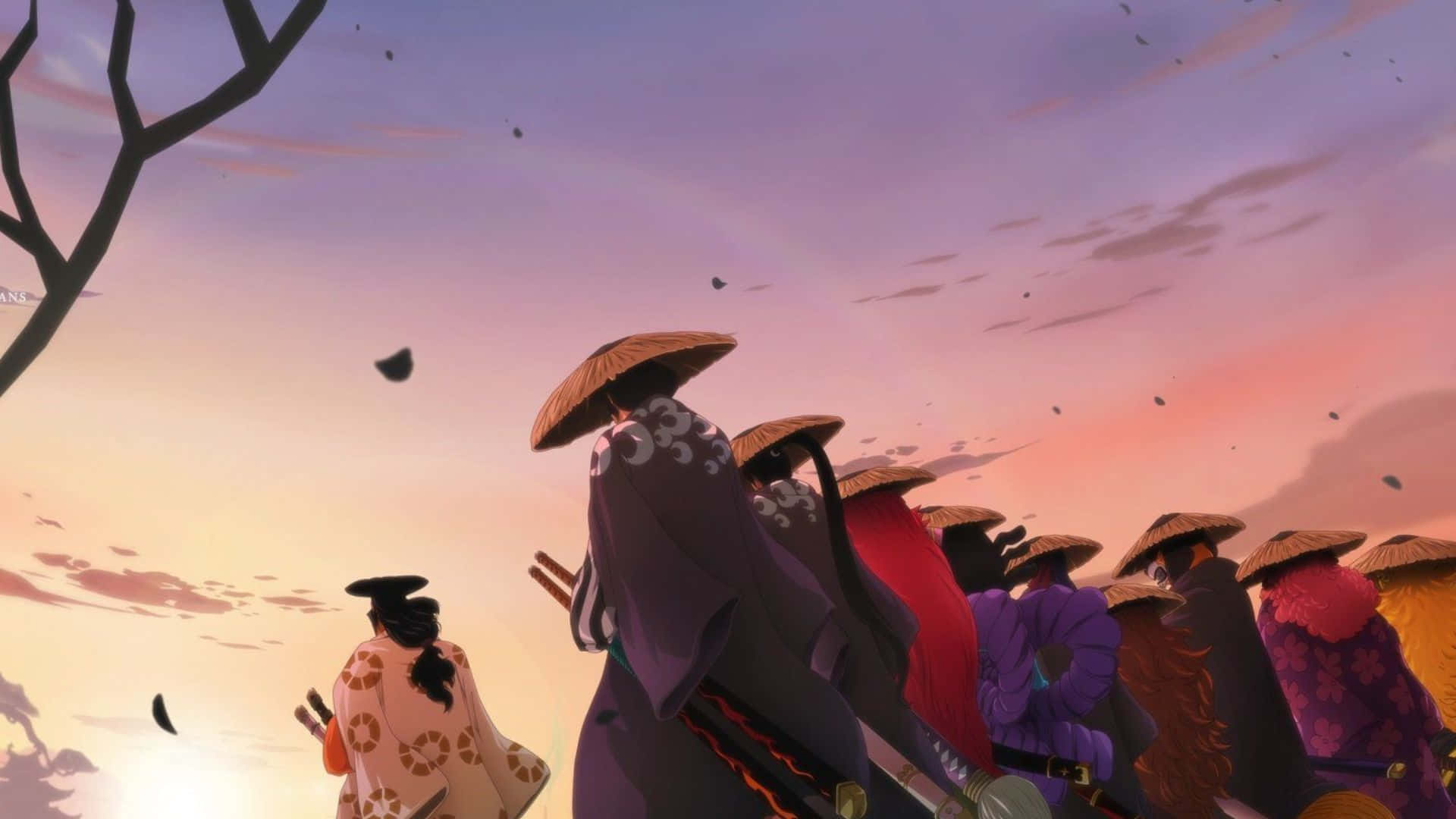 Kinemon 桌布 壁紙 — 一群身穿傳統服飾、戴著草帽的動畫武士，在充滿活力的粉紅色和橙色夕陽天空下，伴隨著落葉行走。