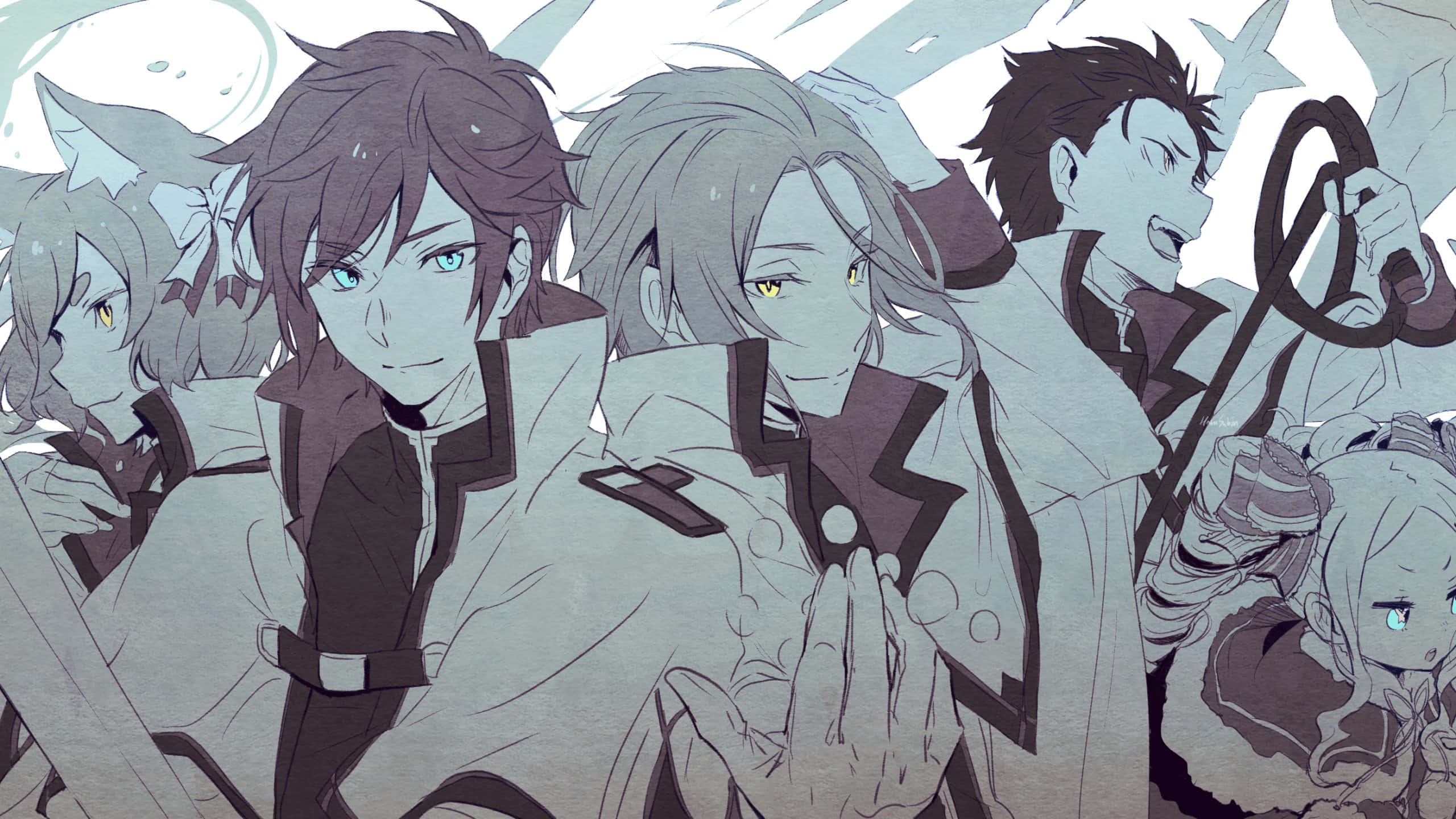 Subaru Natsuki 桌布 壁紙 — 一群身穿單色制服的動漫角色，在雪景背景下站在一起，表情堅定。