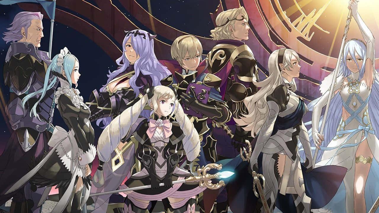 身穿鎧甲的動漫奇幻英雄站在發光的宇宙環前。 — Fire Emblem Warriors 壁紙