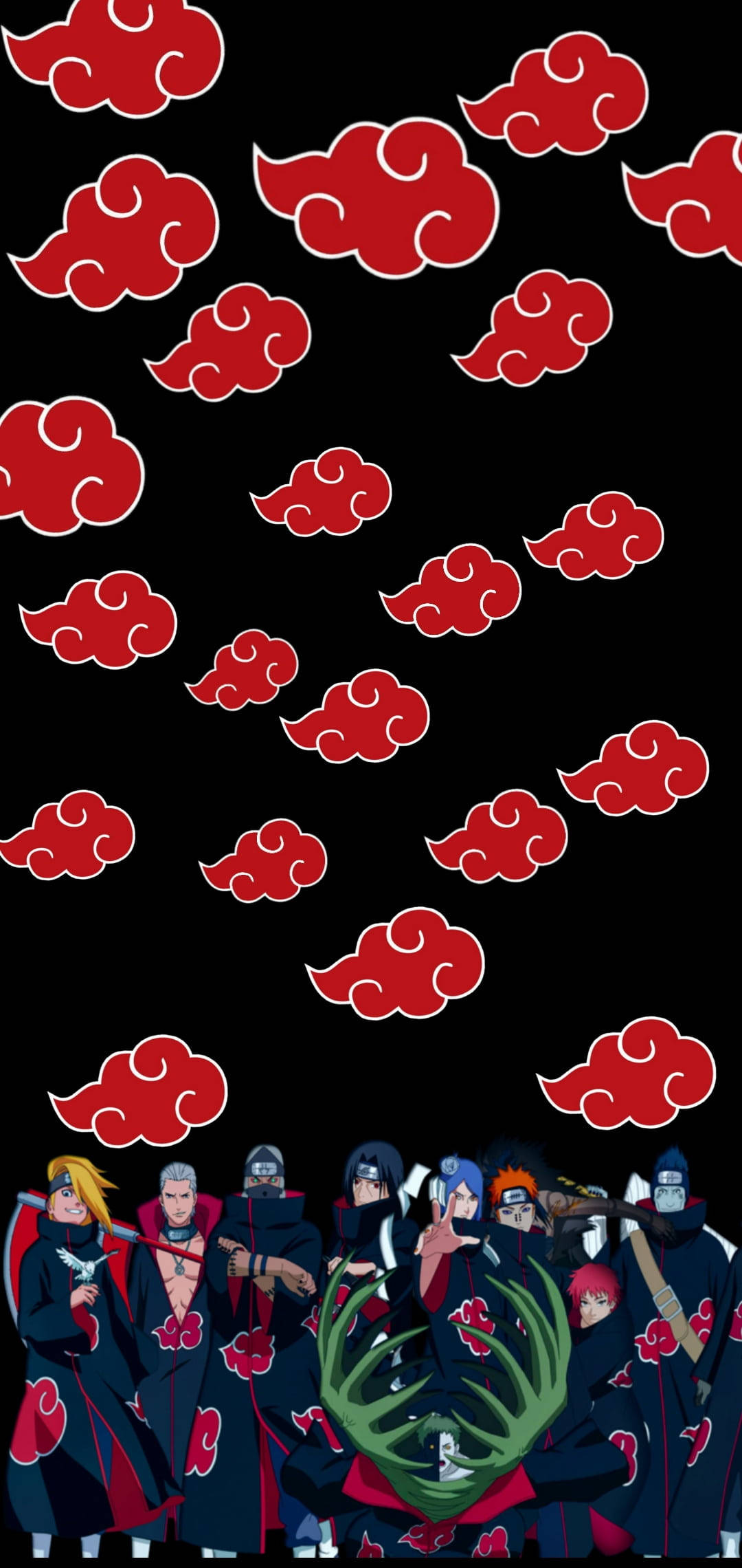 akatsuki phone 桌布 壁紙 — 一群身穿帶有紅色雲朵的黑色斗篷的動漫角色，站在充滿漂浮紅色雲朵的黑色背景前。