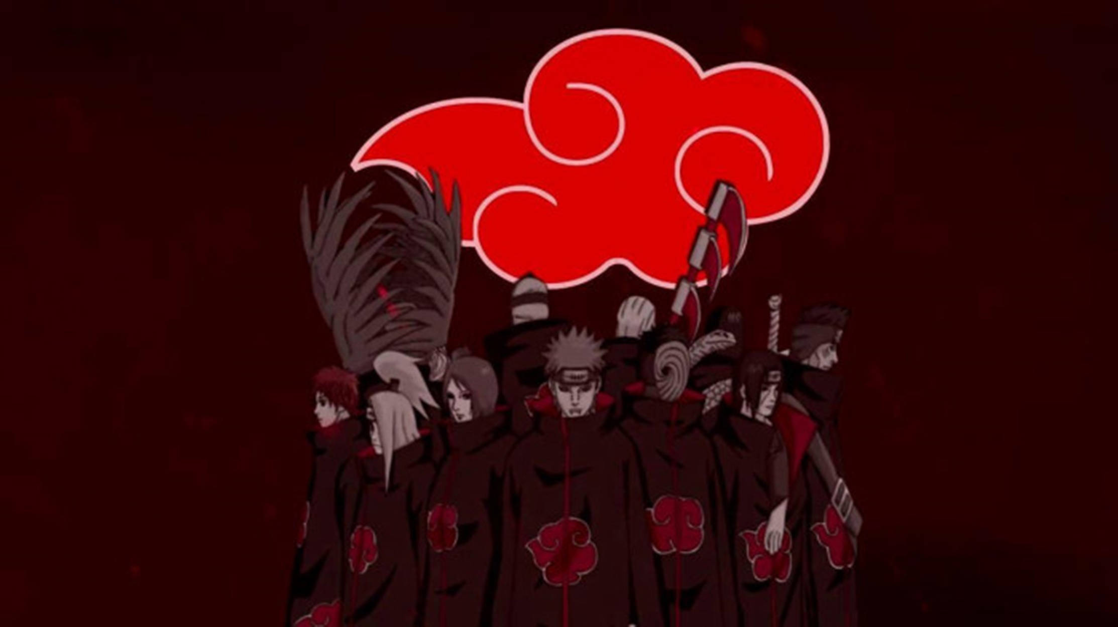 動漫角色 桌布 壁紙 — 一群身穿帶有紅色雲紋的深色斗篷的動漫角色，在深紅色背景前站成一排。