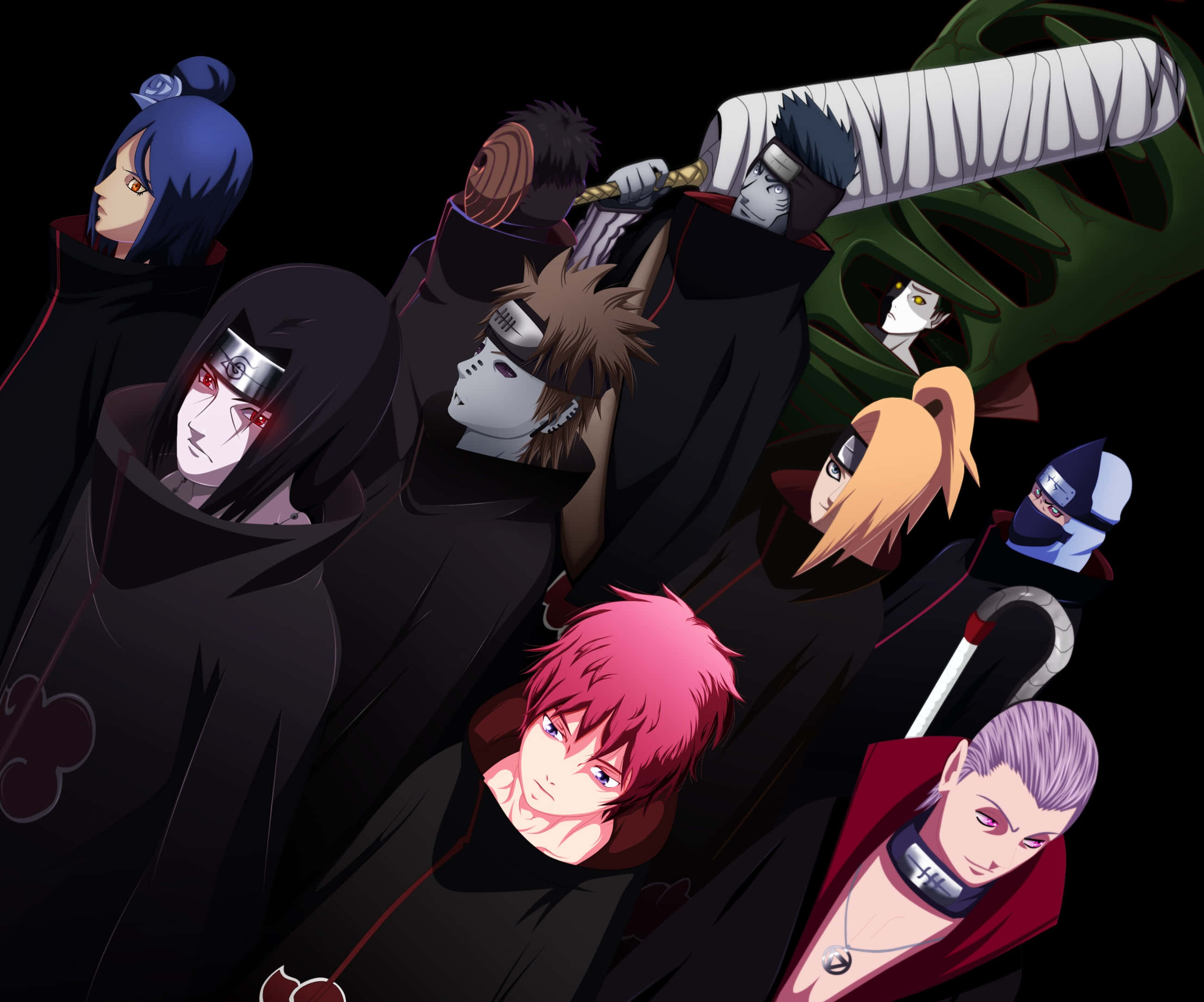 Akatsuki X Deidara 桌布 壁紙 — 一群身穿帶有紅色雲紋黑色斗篷的動漫角色站在深色背景前，各自擁有獨特的髮色和表情。