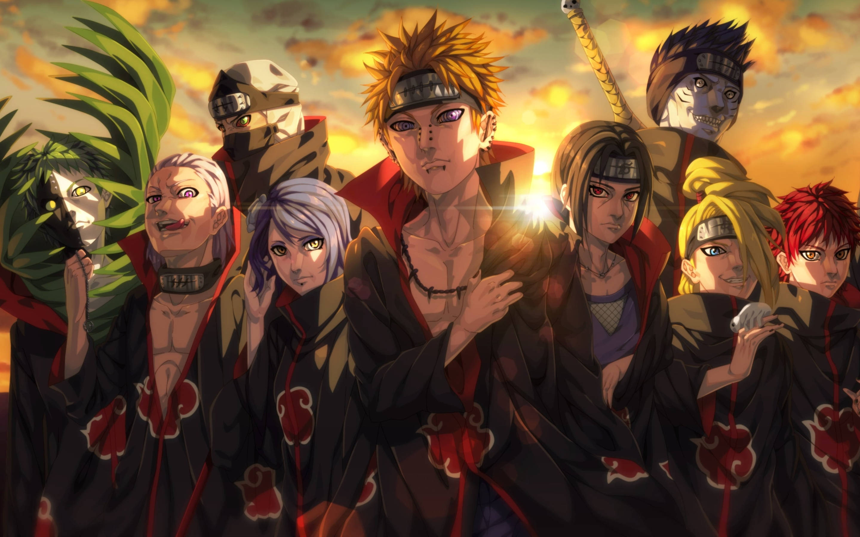 akatsuki phone 桌布 壁紙 — 一群身穿帶有紅色雲紋黑色斗篷的動漫角色，站在熾熱的夕陽天空下。