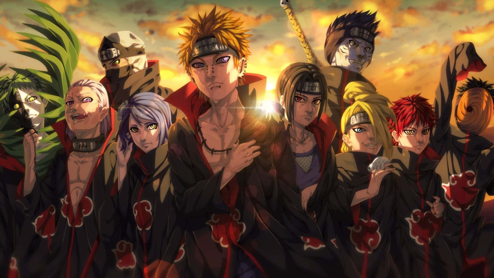 Akatsuki Members 桌布 壁紙 — 一群身穿帶有紅色雲紋黑色斗篷的動漫角色，在火紅的夕陽天空下站在一起。