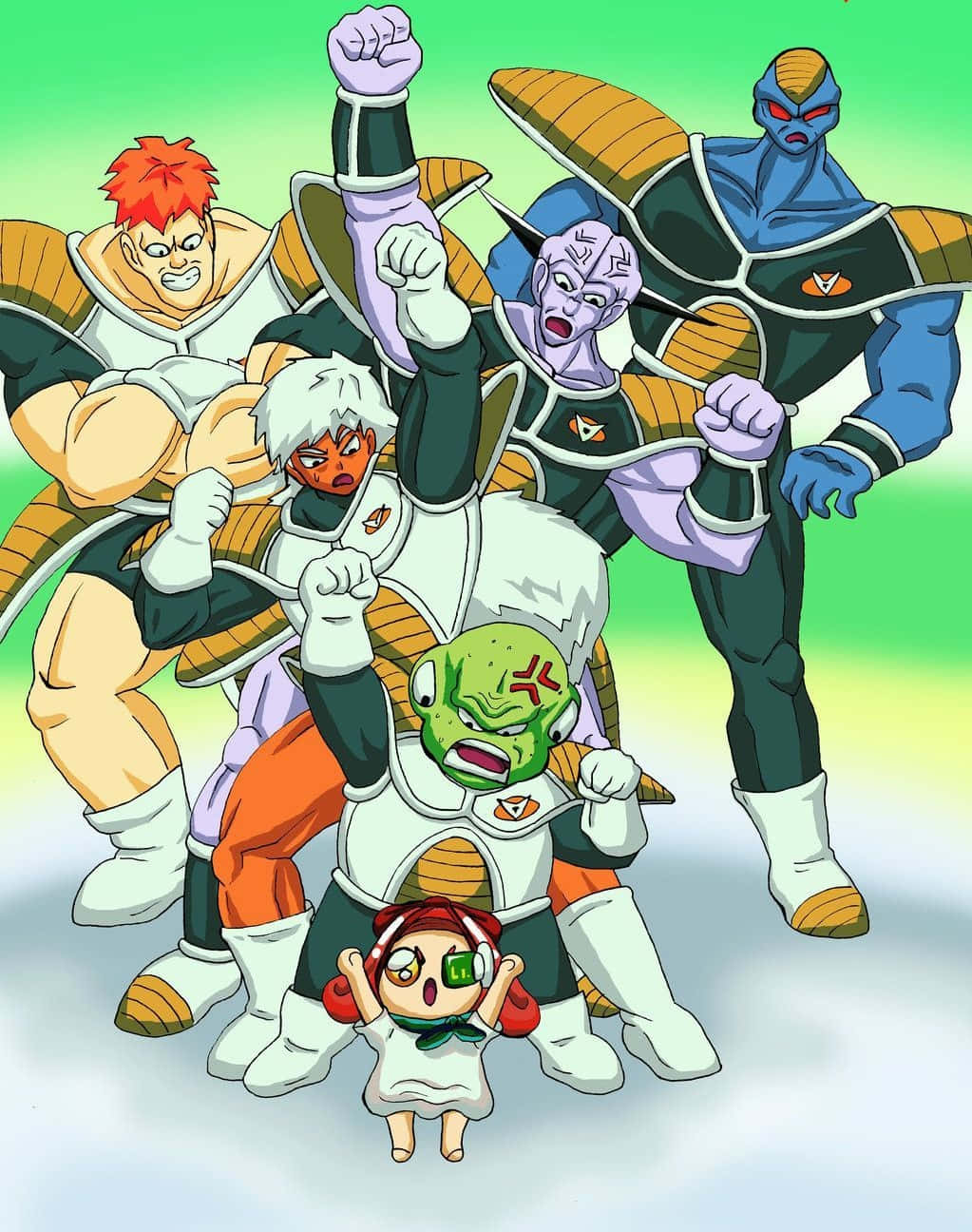 Ginyu Force 桌布 壁紙 — 一群身穿戰鬥盔甲的動漫角色在明亮的綠色漸變背景前英勇地擺出姿勢。