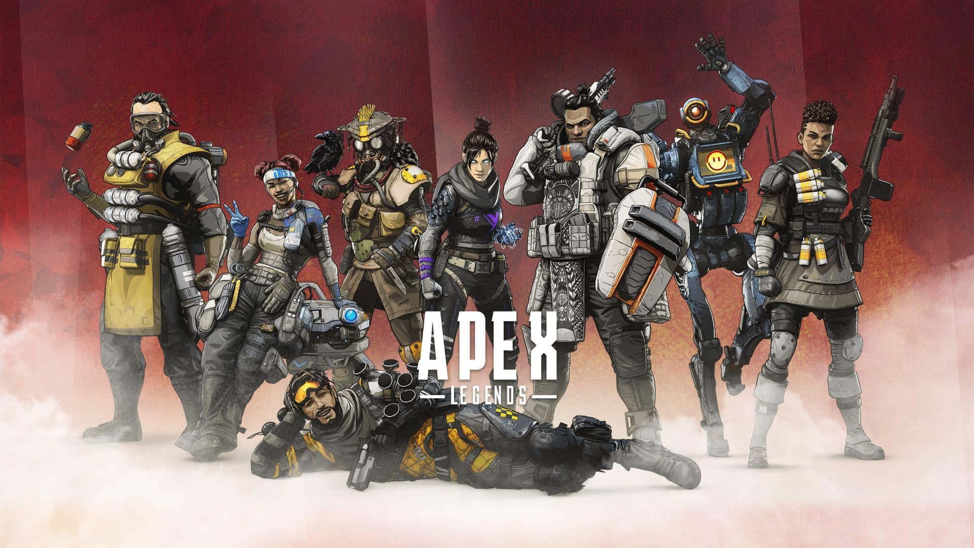 Apex 英雄 桌布 壁紙 — 一群身穿戰鬥裝備的Apex Legends角色在火紅且煙霧瀰漫的背景前動態擺姿勢。
