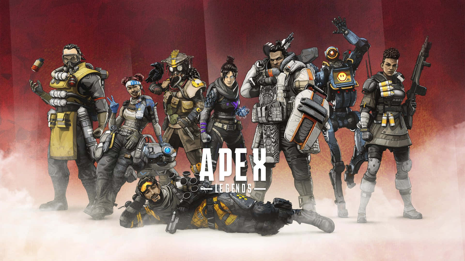 桌布 壁紙 — 一群身穿戰鬥裝備的Apex Legends角色在煙霧瀰漫的紅白背景下動態擺姿勢。