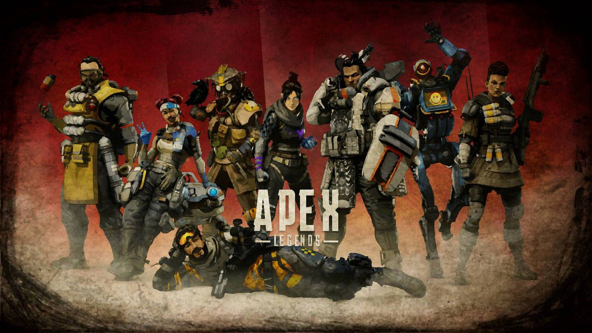 Apex 英雄 桌布 壁紙 — 一群身穿戰鬥裝備的Apex Legends角色在紋理紅色背景和粗糙燈光下動態擺姿勢。