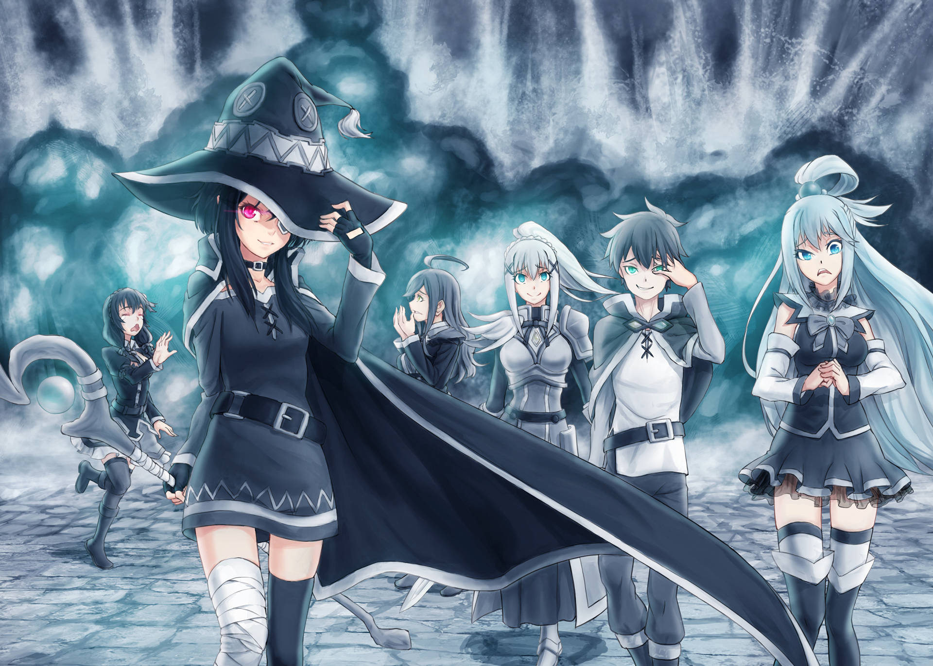 Konosuba 桌布 壁紙 — 一群身穿暗黑女巫和戰士服裝的動漫角色，在暴風雨的青綠色和灰色背景下自信地站立。