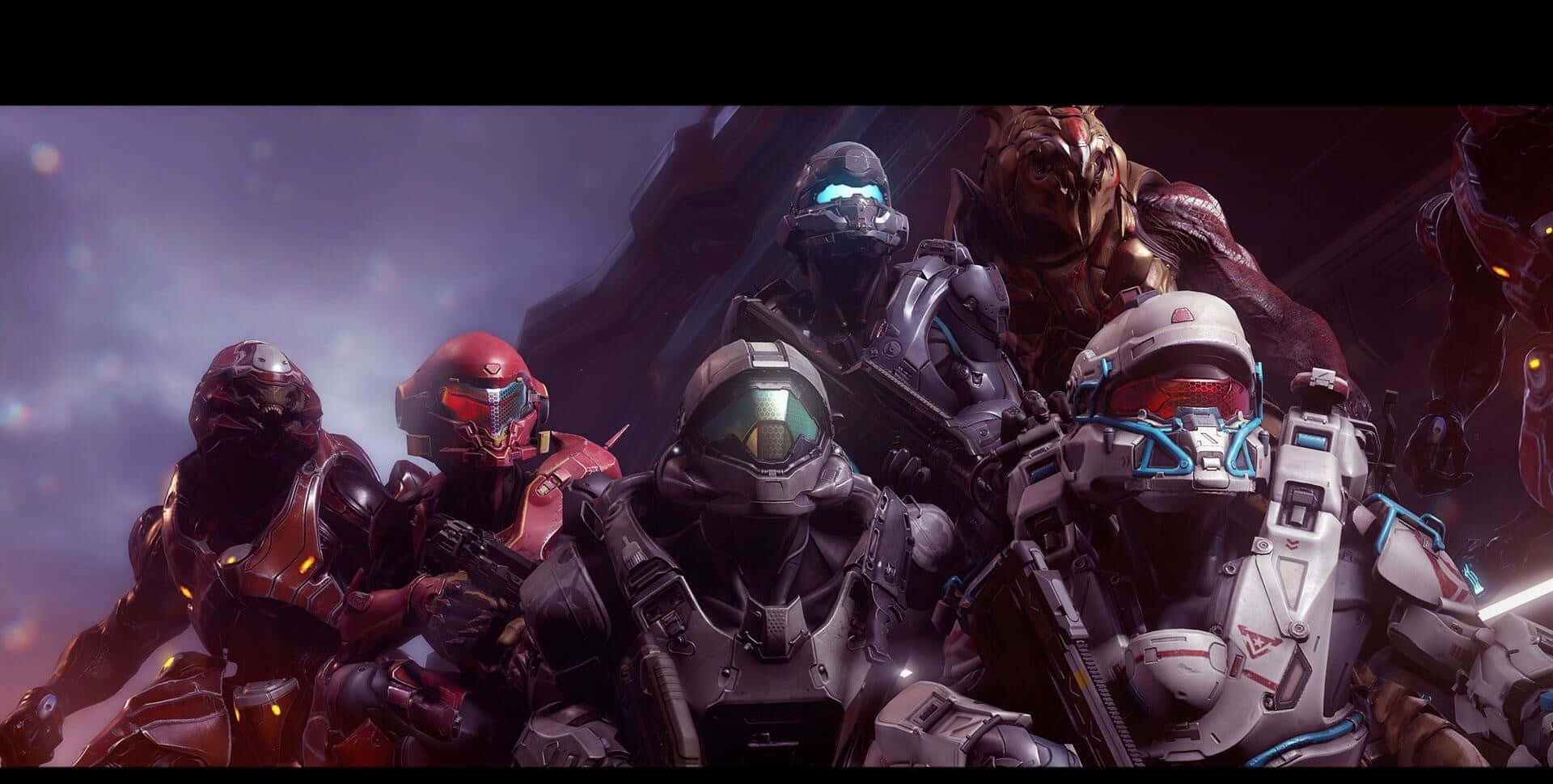 Halo Covenant 桌布 壁紙 — 一群身穿未來裝備的裝甲太空士兵，在發光的宇宙背景下準備就緒。