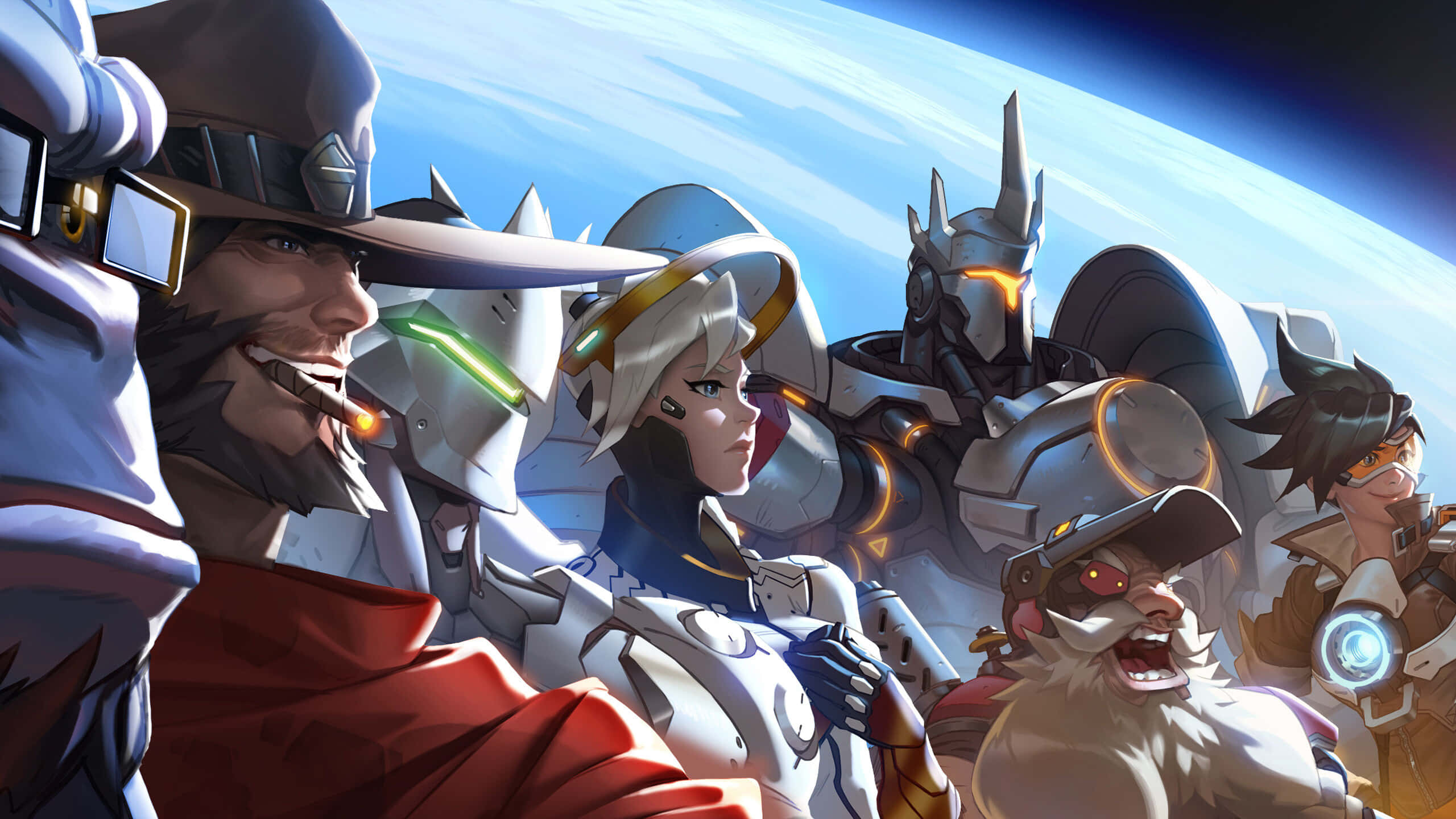 Aesthetic Overwatch 桌布 壁紙 — 一群身穿未來裝甲的《鬥陣特攻》英雄在太空中以地球彎曲的地平線為背景，展現動感姿態。