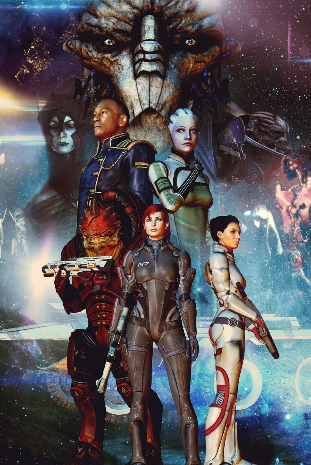 Liara T'soni 桌布 壁紙 — 一群身穿未來裝甲的多樣化太空角色，站在一個以巨大外星人臉和發光星雲為特色的宇宙背景前。
