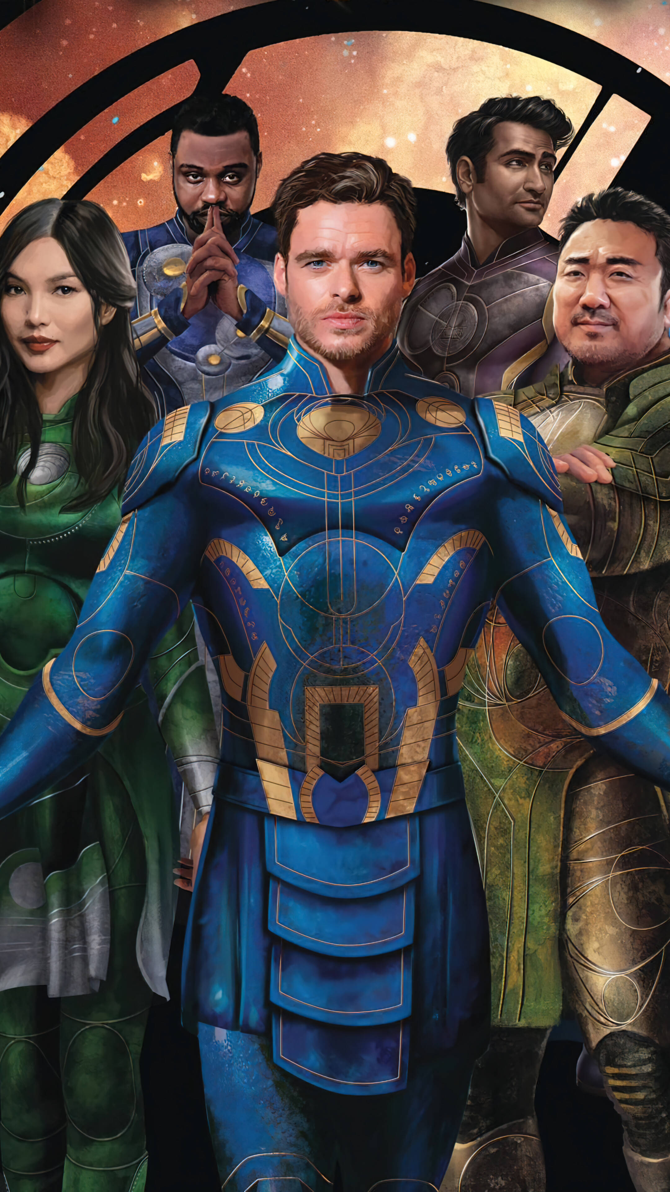 Eternals 桌布 壁紙 — 一群身穿未來裝甲的超級英雄自信地站在宇宙背景前，背景中有旋轉的星星和星雲。