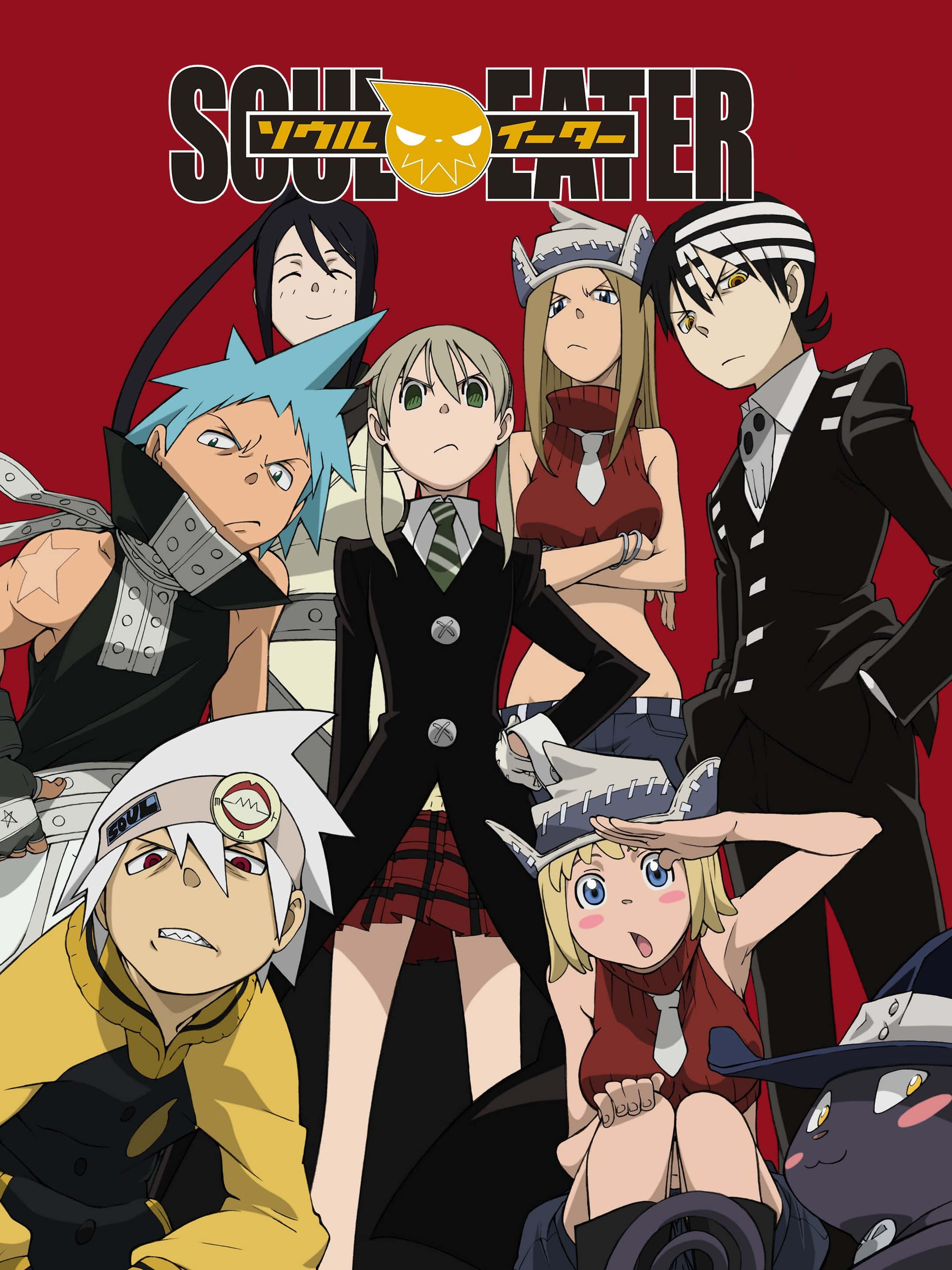 Soul Eater 桌布 壁紙 — 一群身穿校服和戰鬥裝備的動漫角色在帶有Soul Eater標誌的大膽紅色背景前擺姿勢。