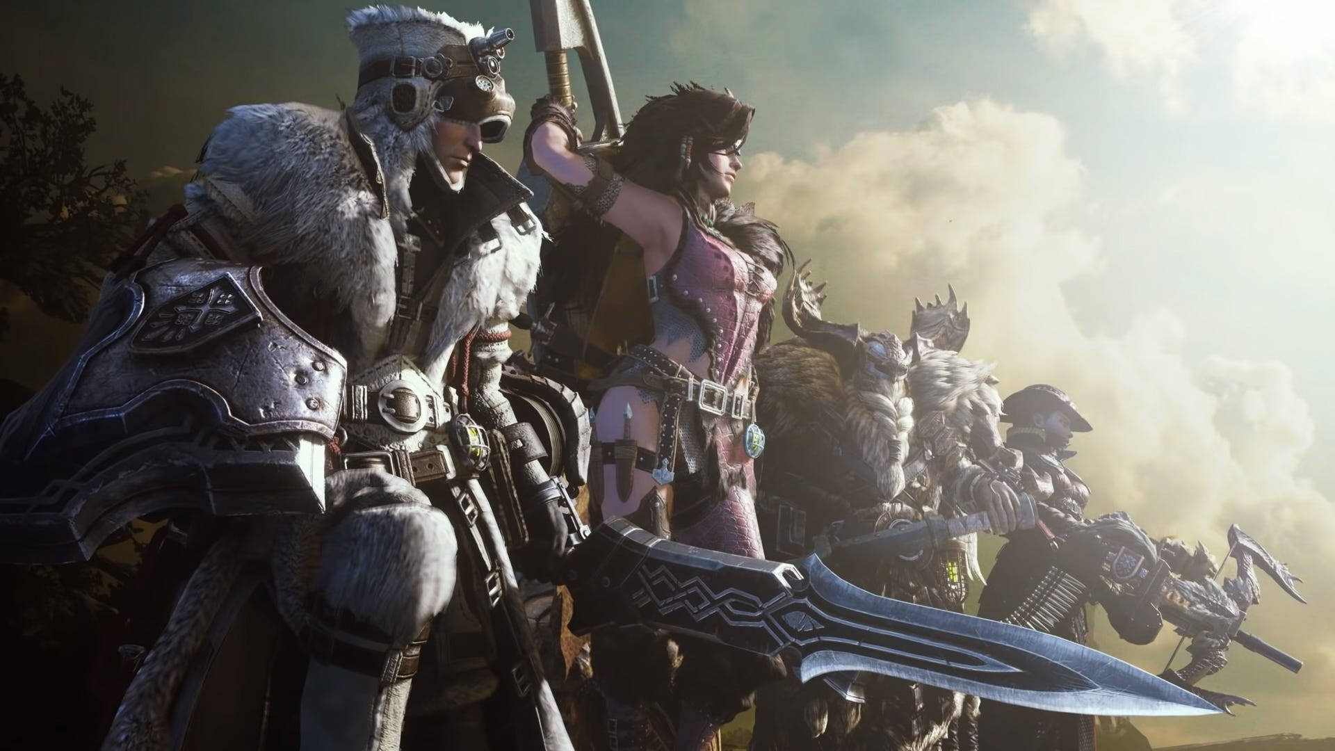 Monster Hunter 桌布 壁紙 — 一群身穿毛皮和機械裝備的裝甲戰士，手持巨大武器，在陰雲密佈的天空下準備就緒。