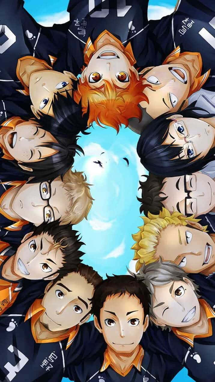 Haikyuu Captains 桌布 壁紙 — 一群身穿深色制服的動漫排球運動員圍成一個圓圈，仰望有鳥飛翔的明亮藍天。