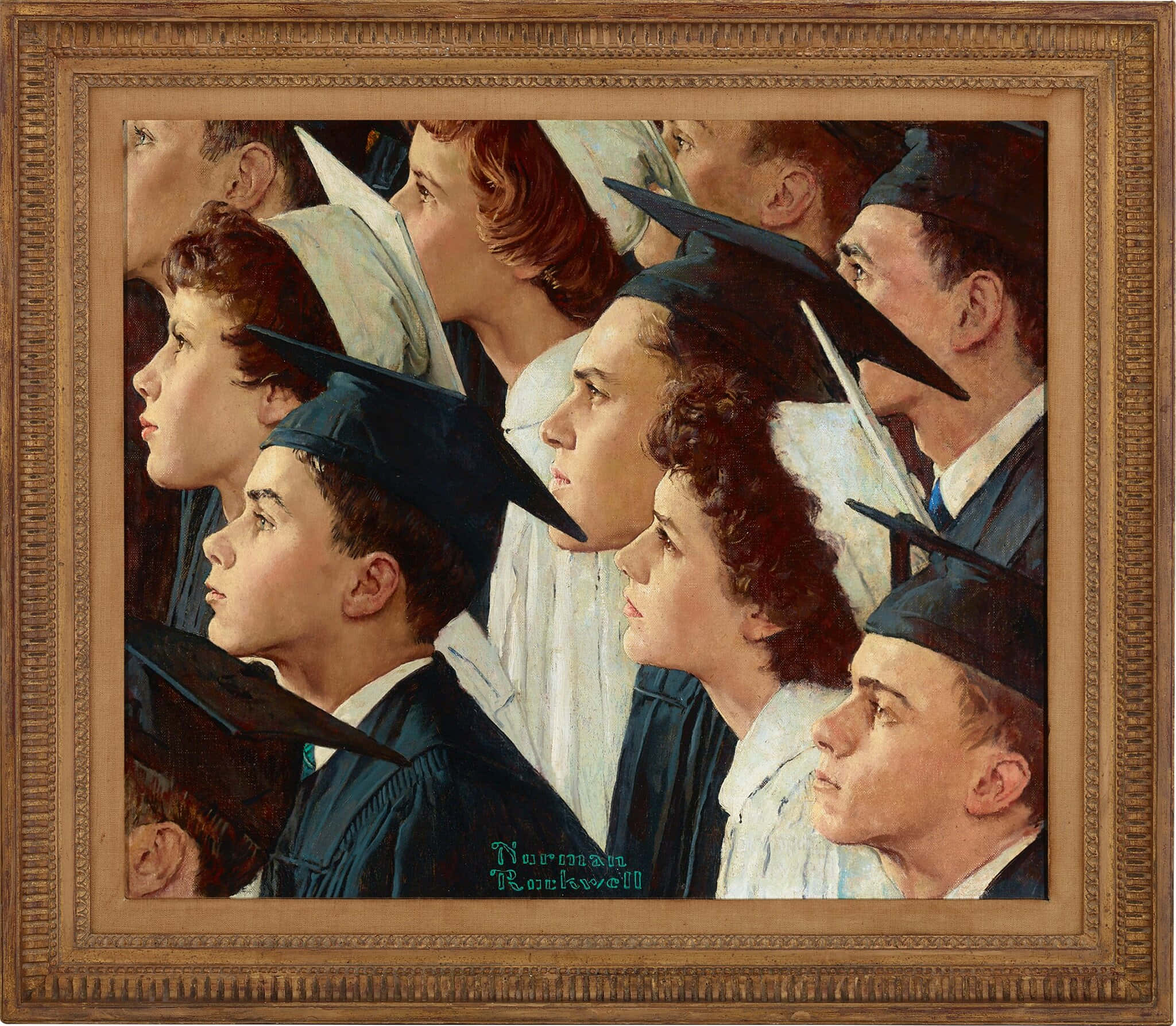 Norman Rockwell 桌布 壁紙 — 一群身穿畢業袍和學士帽的年輕畢業生，在裱框油畫中帶著希望的表情向上仰望。