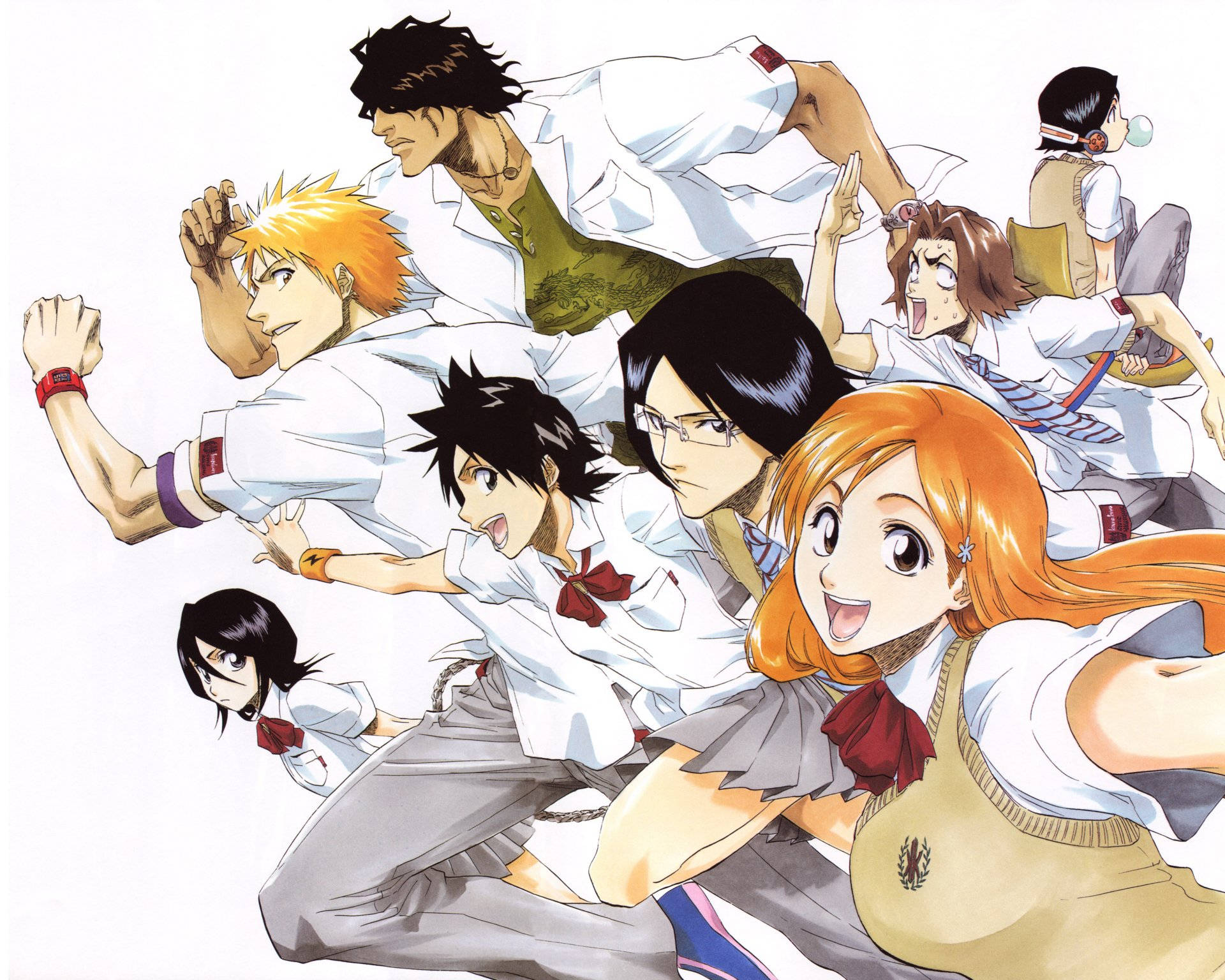 Ichigo Kurosaki 桌布 壁紙 — 一群身穿白色制服的動漫學生，在純白色背景前充滿活力地擺出姿勢。