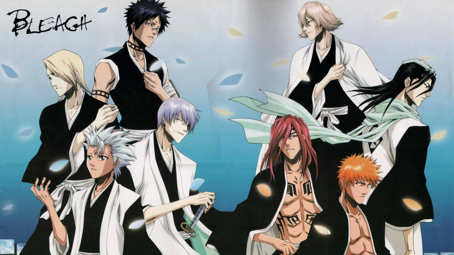 Ichigo Kurosaki 桌布 壁紙 — 一群身穿白色和黑色長袍的動漫角色站在藍天下，落葉飄飄。