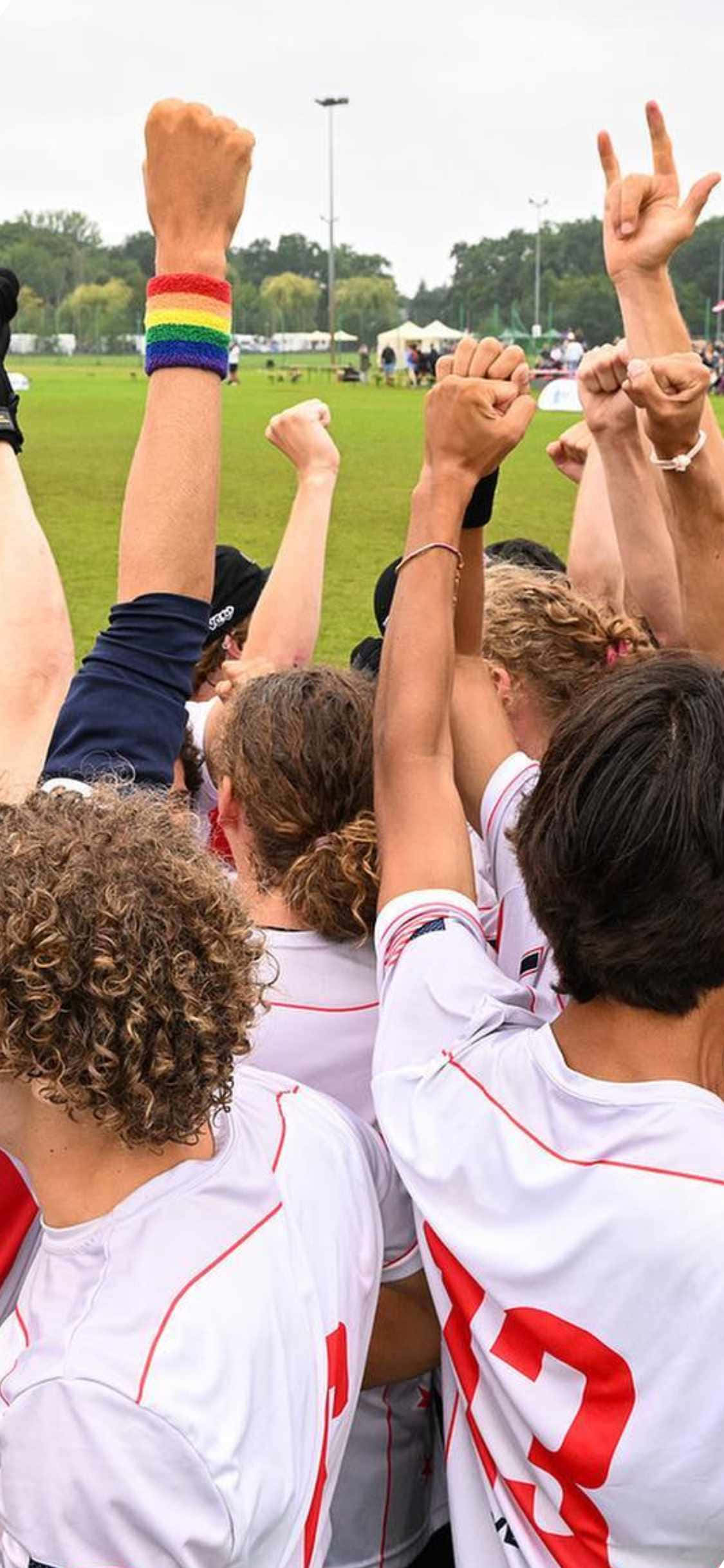 運動 桌布 壁紙 — 一群身穿白色球衣的足球運動員在陰天下的綠色球場上高舉拳頭和平手勢慶祝勝利。